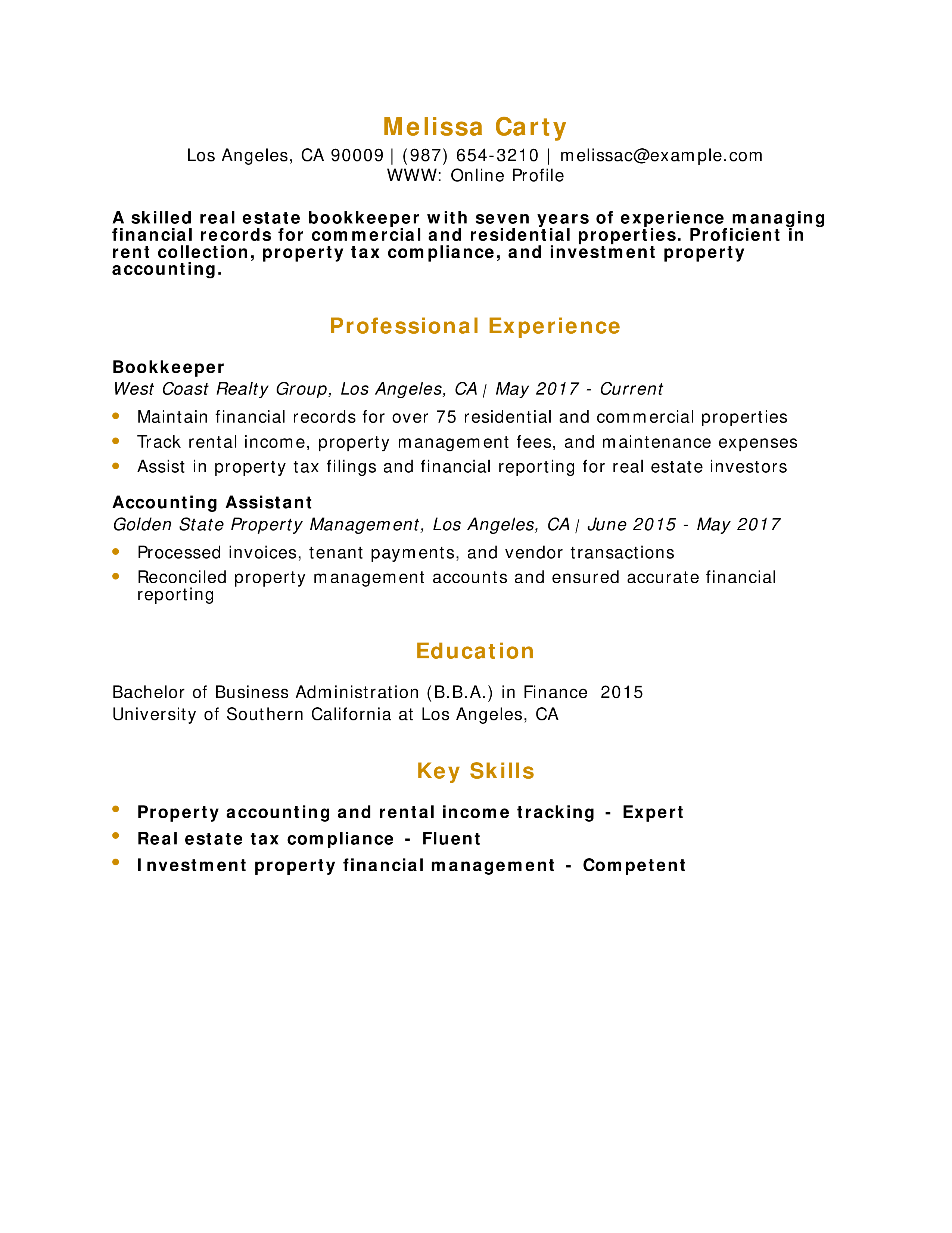 Real Estate Bookkeeper Resume