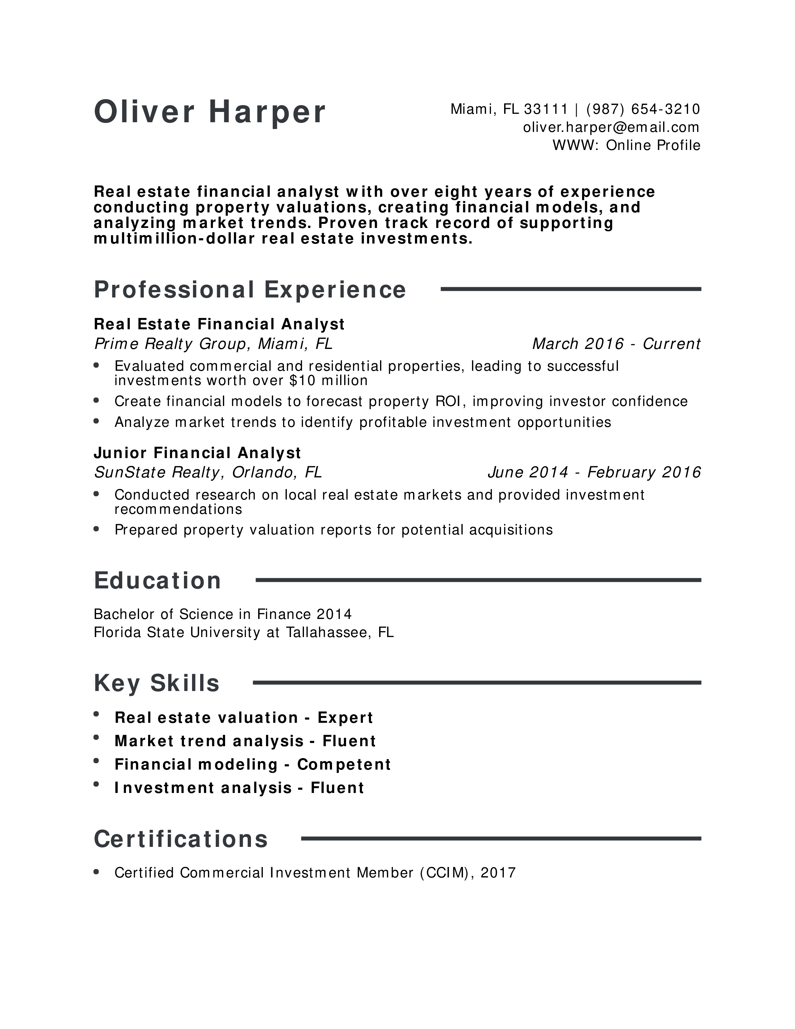 Real Estate Financial Analyst Resume