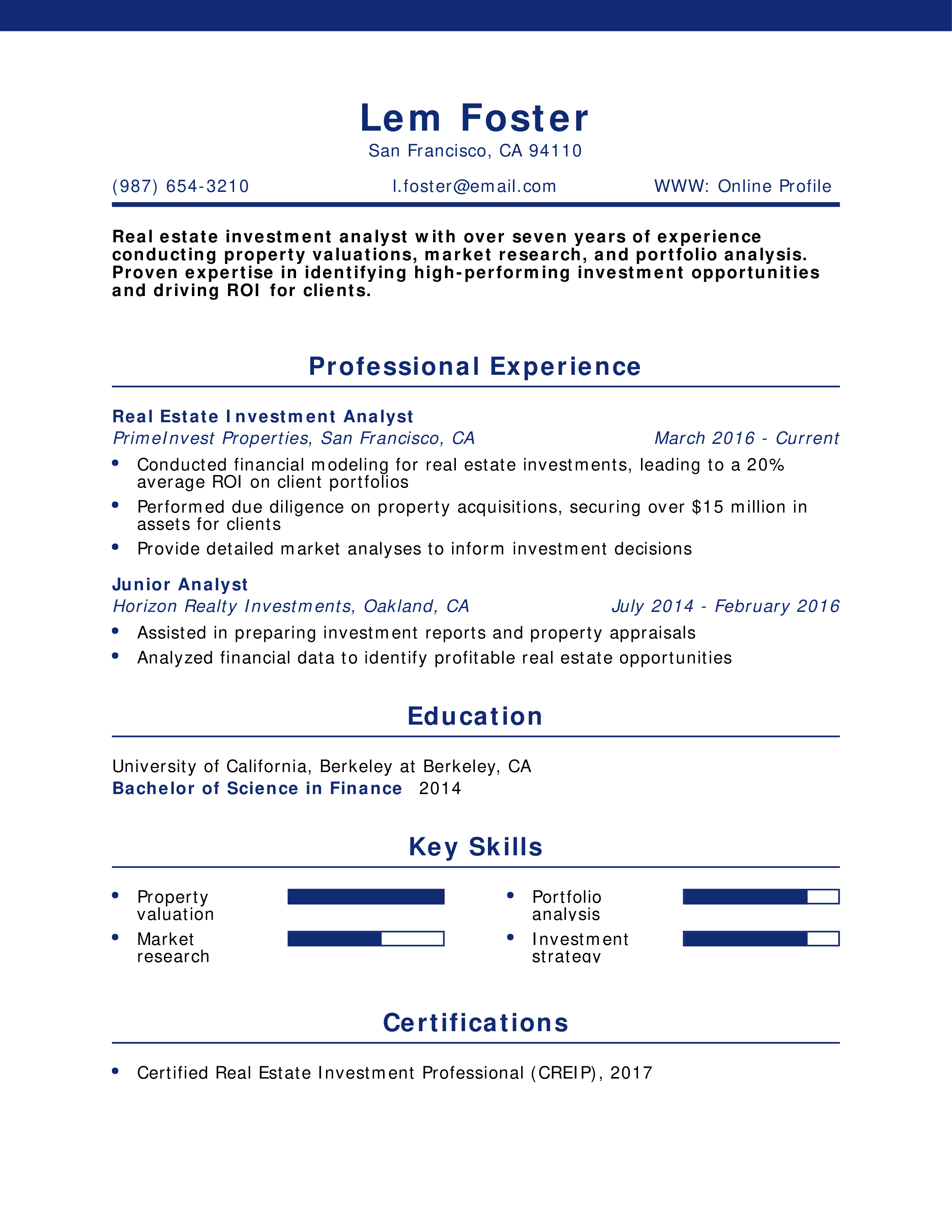 Real Estate Investment Analyst Resume