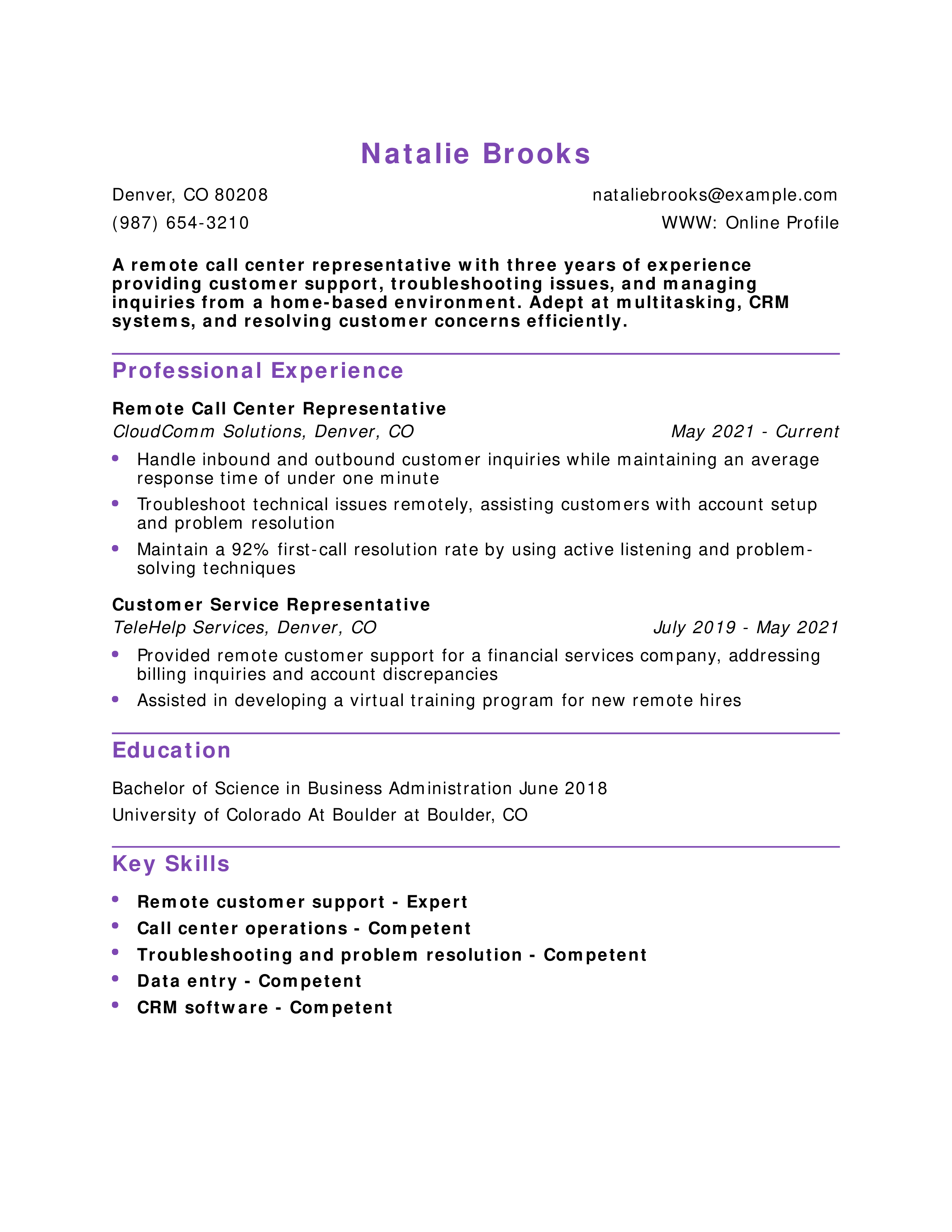 Remote Call Center Representative Resume