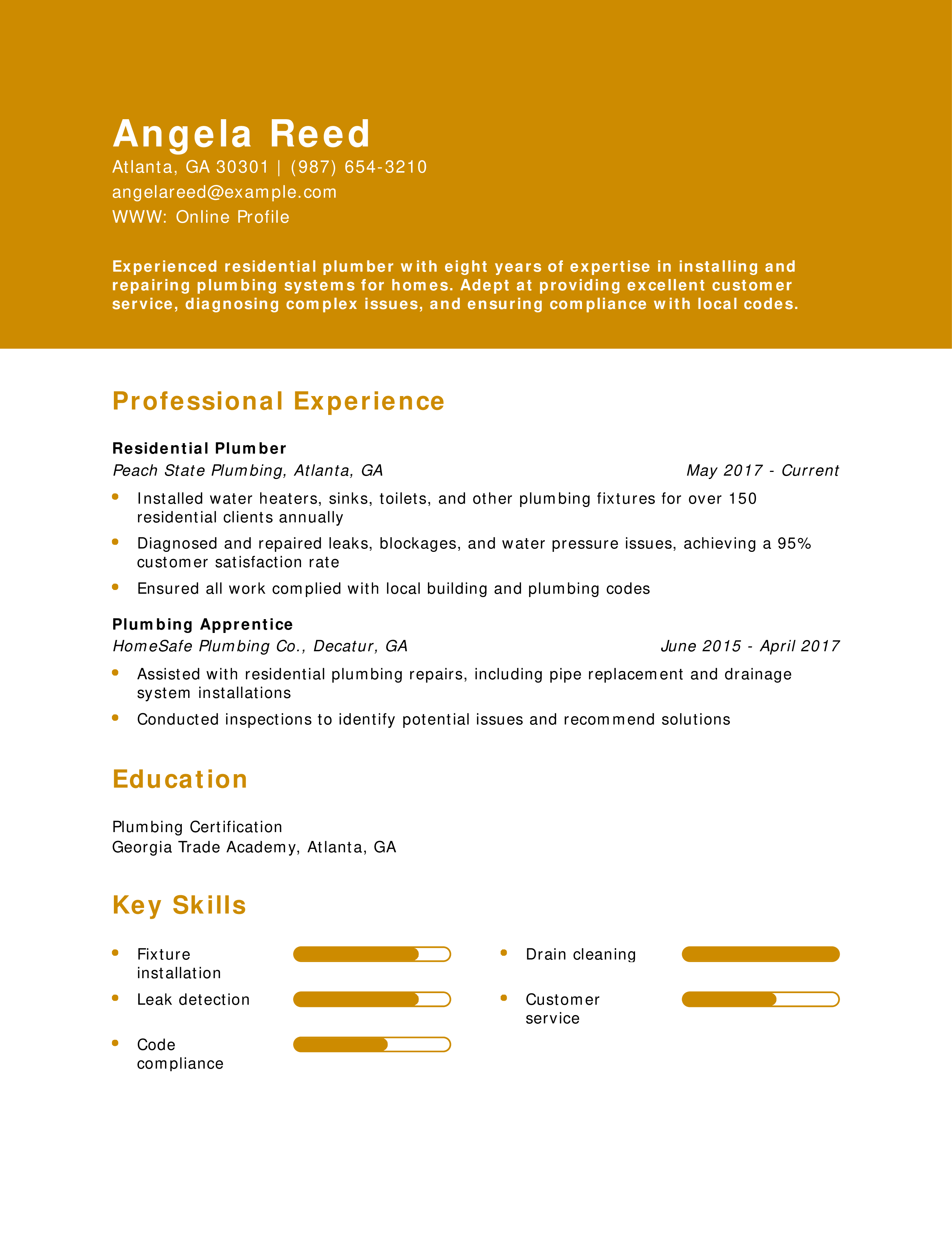 Residential Plumber Resume
