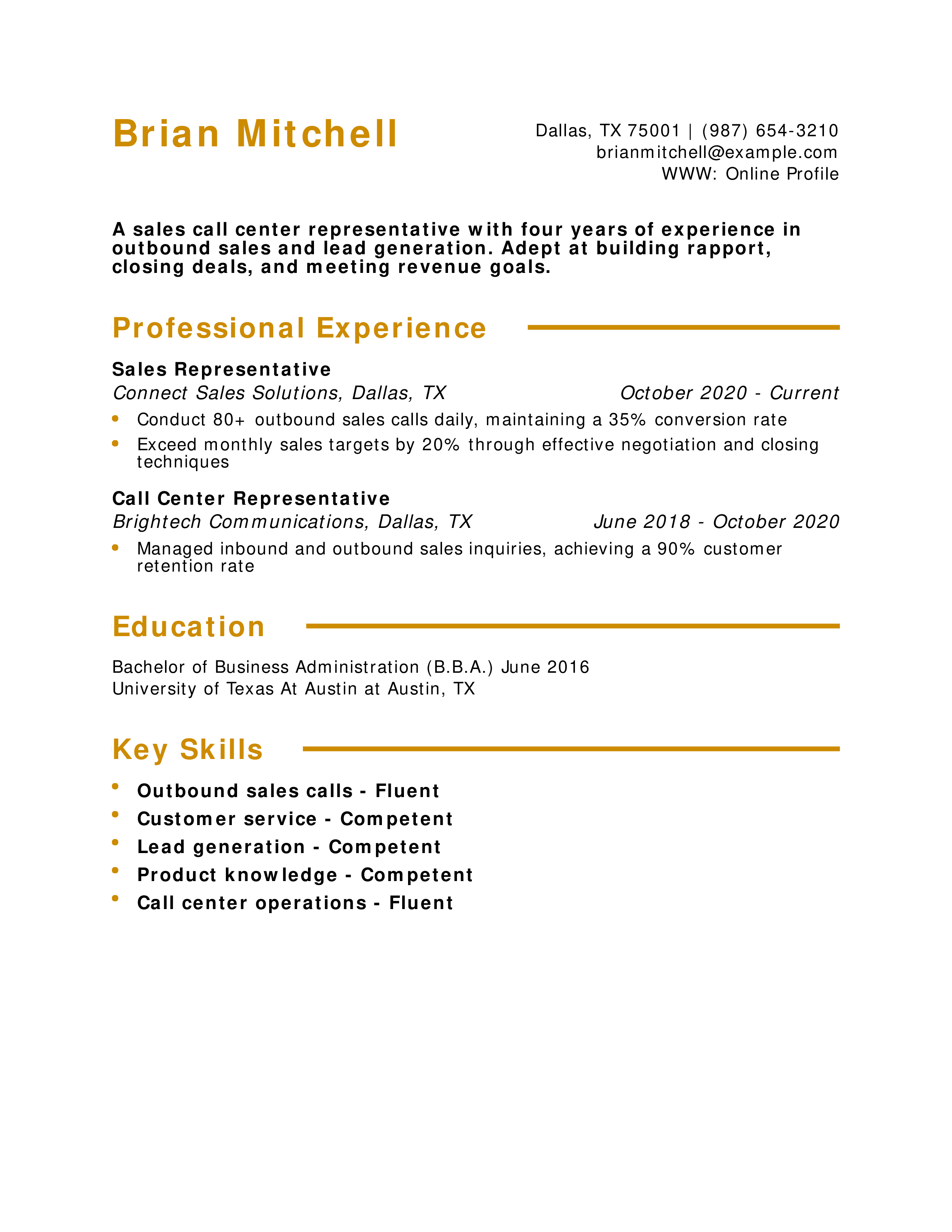 Sales Call Center Representative Resume