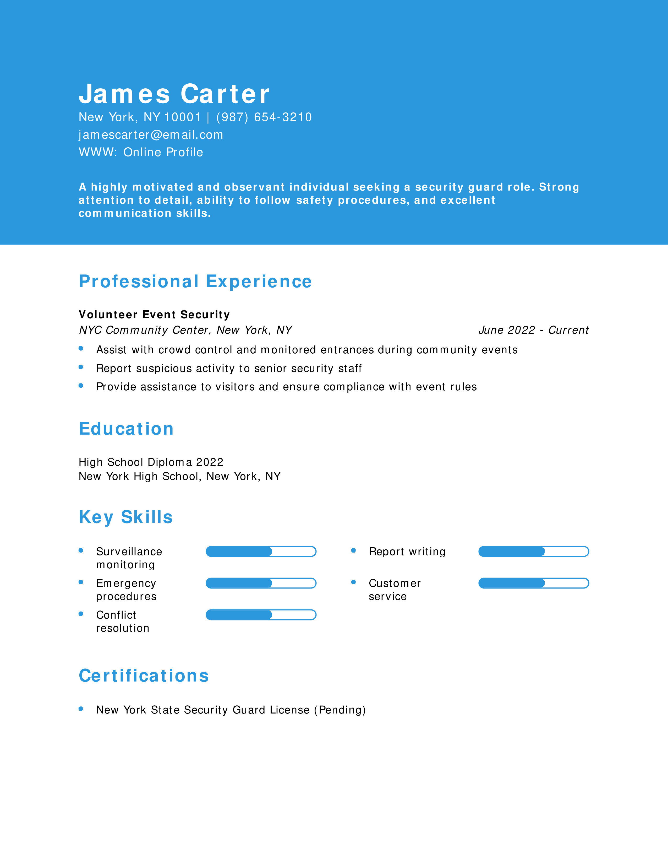 Security Guard No Experience Resume