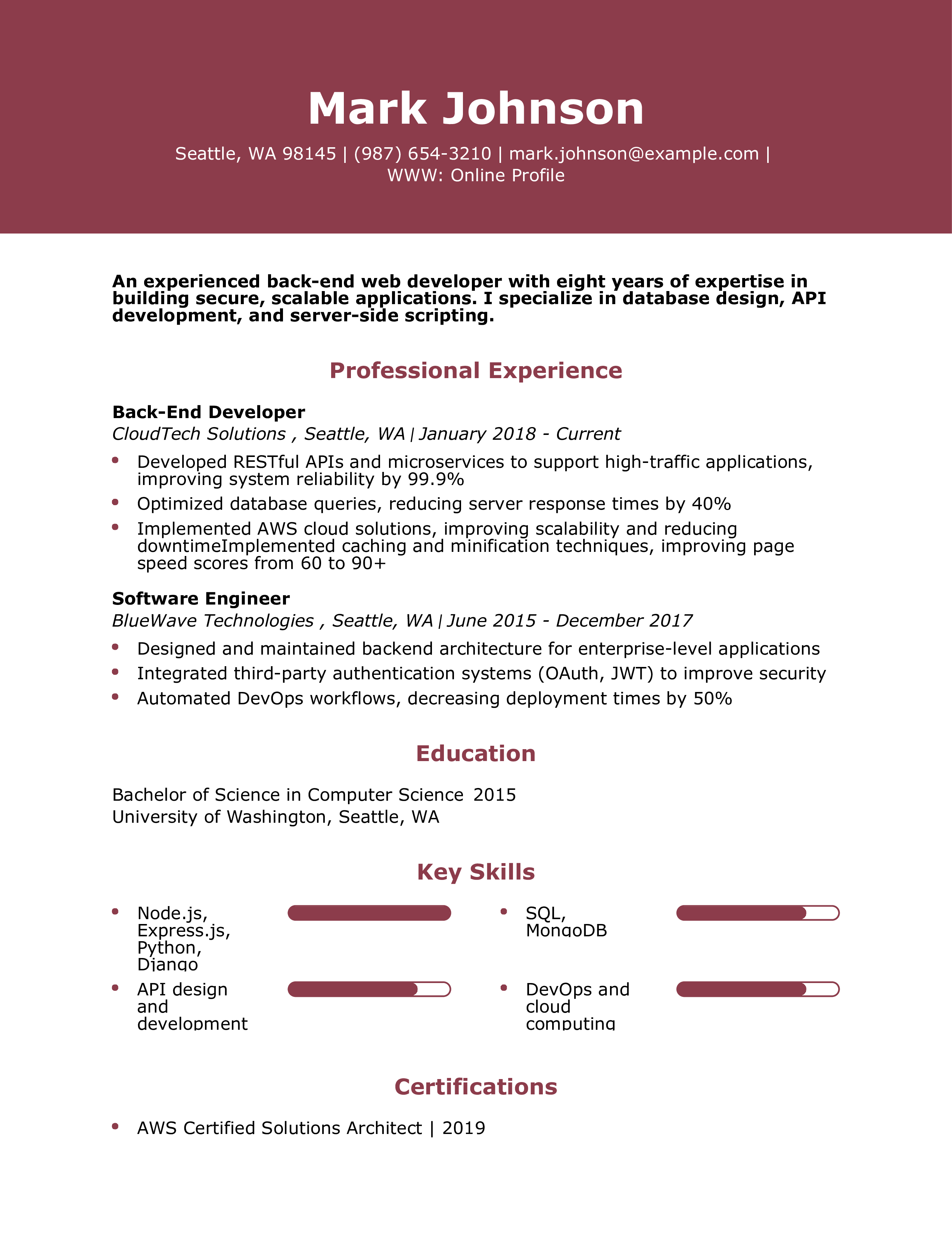 Senior Back-End Web Developer Resume