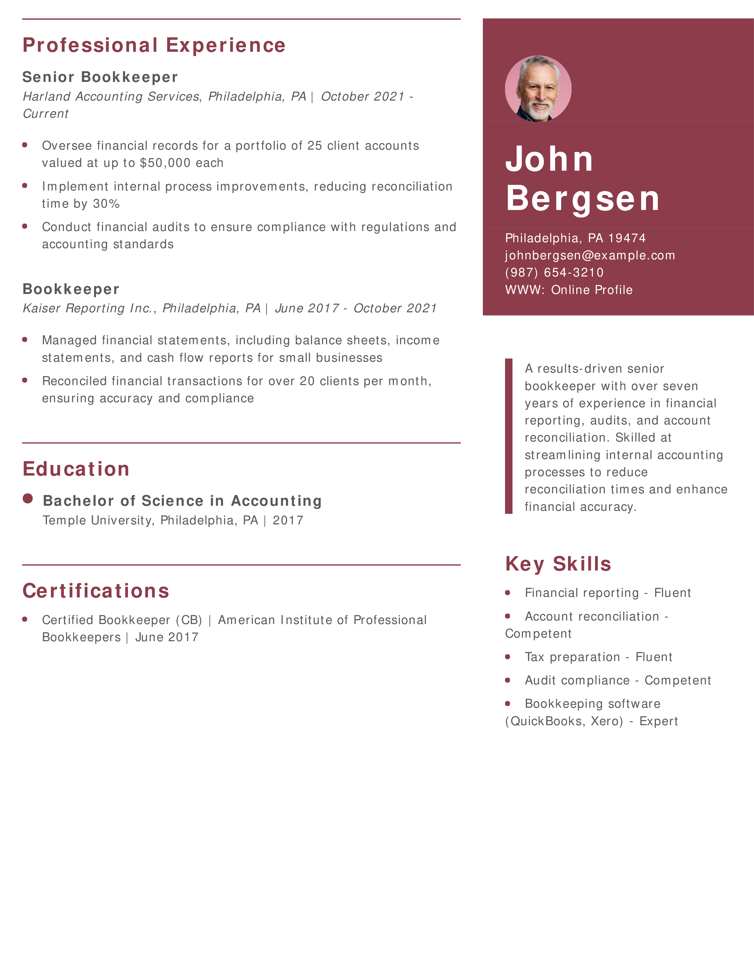 Senior Bookkeeper Resume
