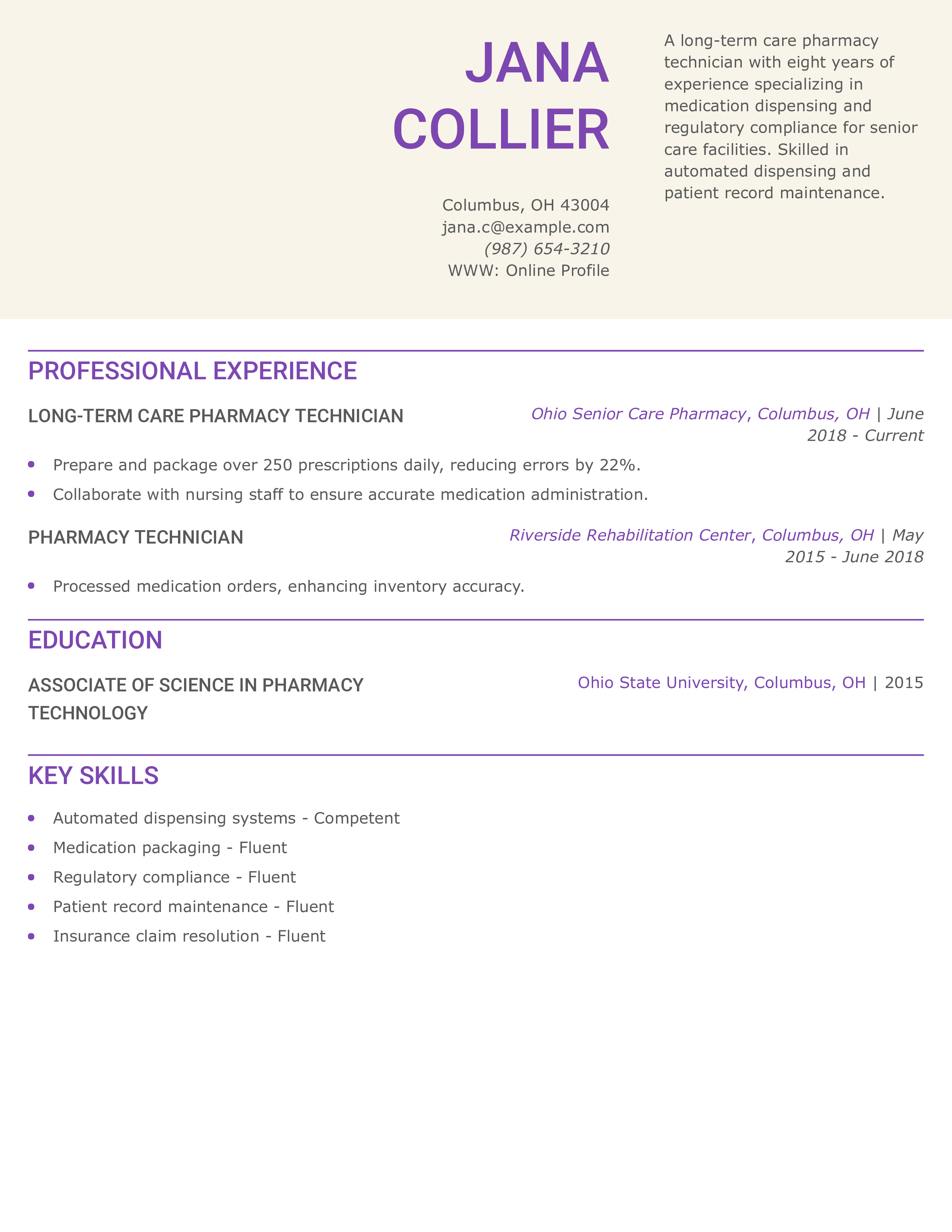 Senior-Level Long-Term Care Pharmacy Technician Resume