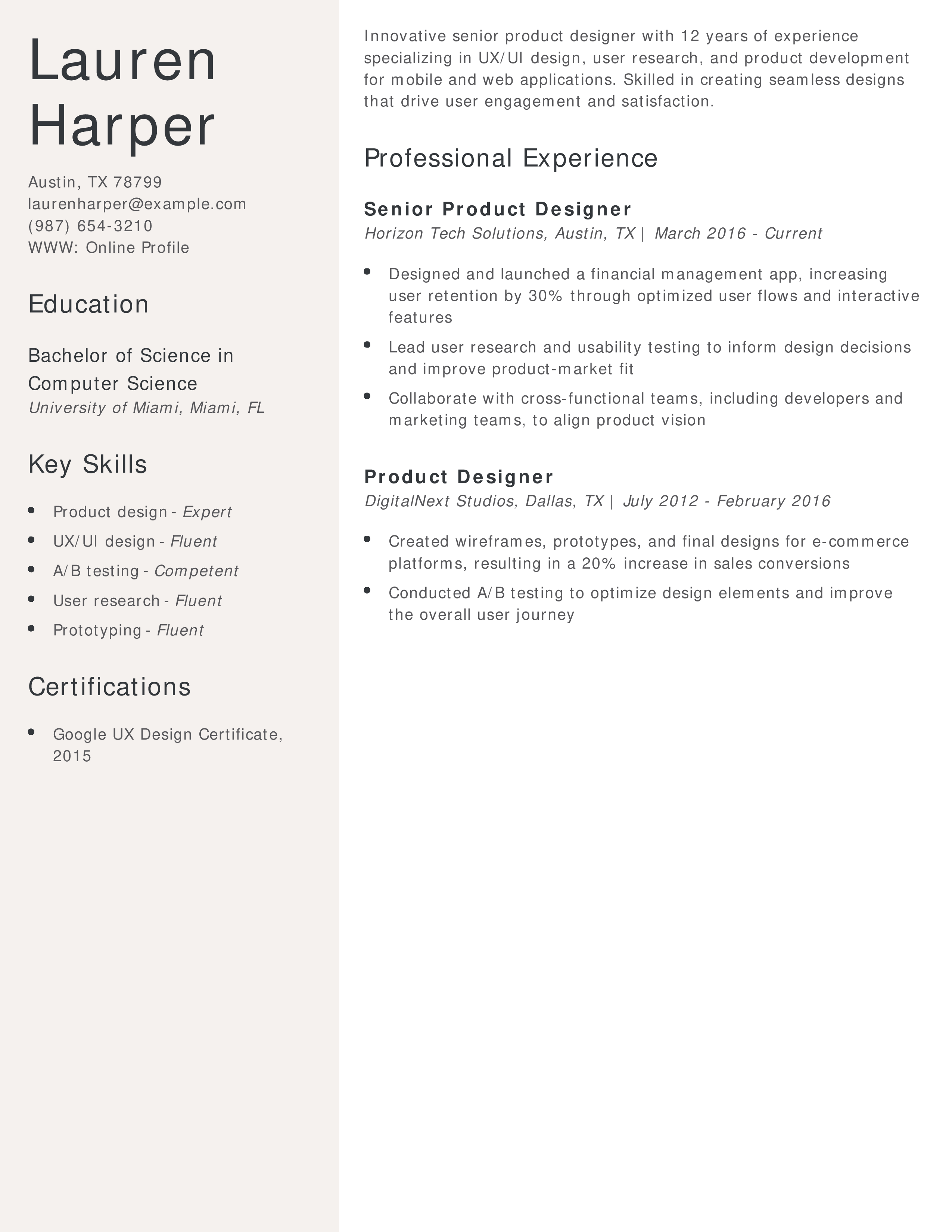 Senior Product Designer Resume