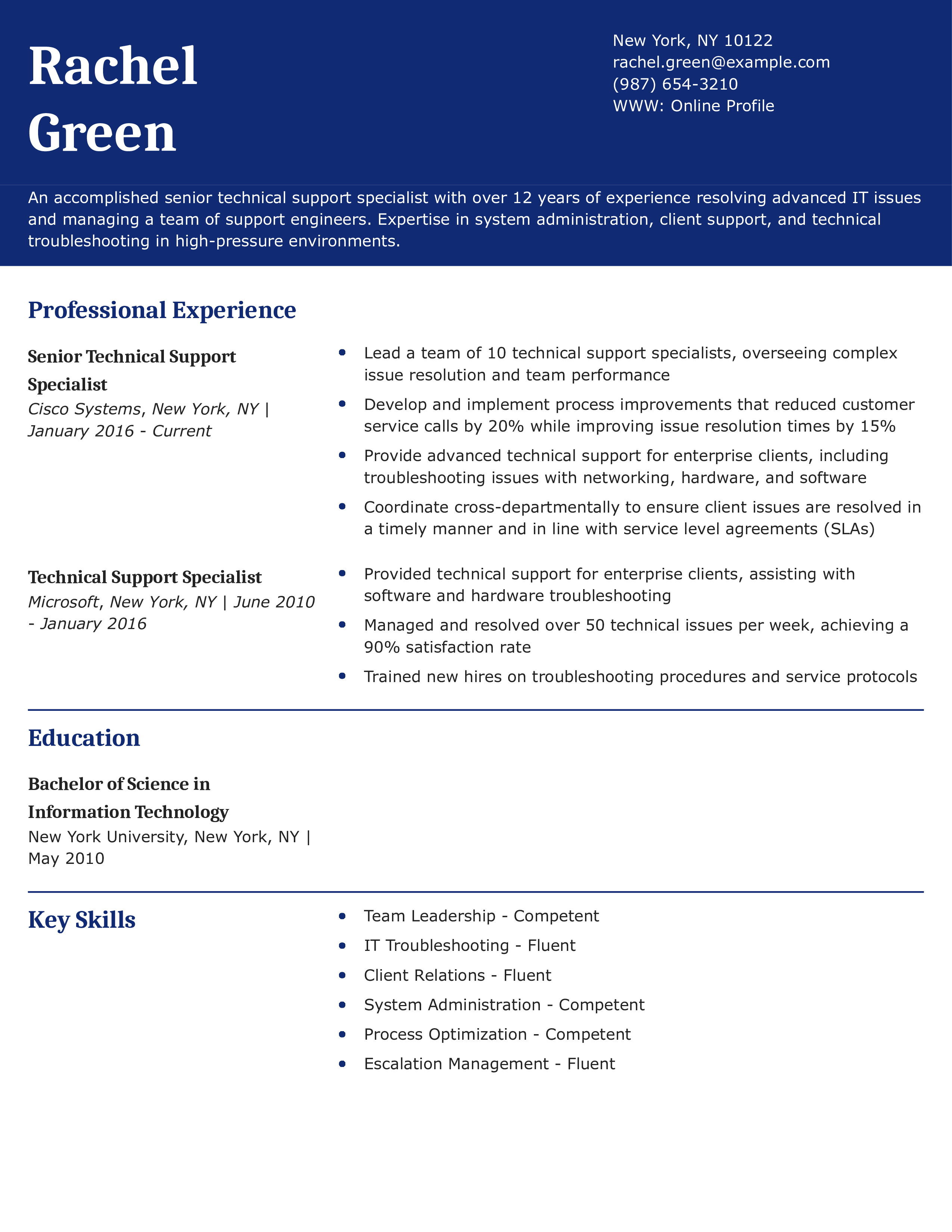 Senior Technical Support Specialist Resume