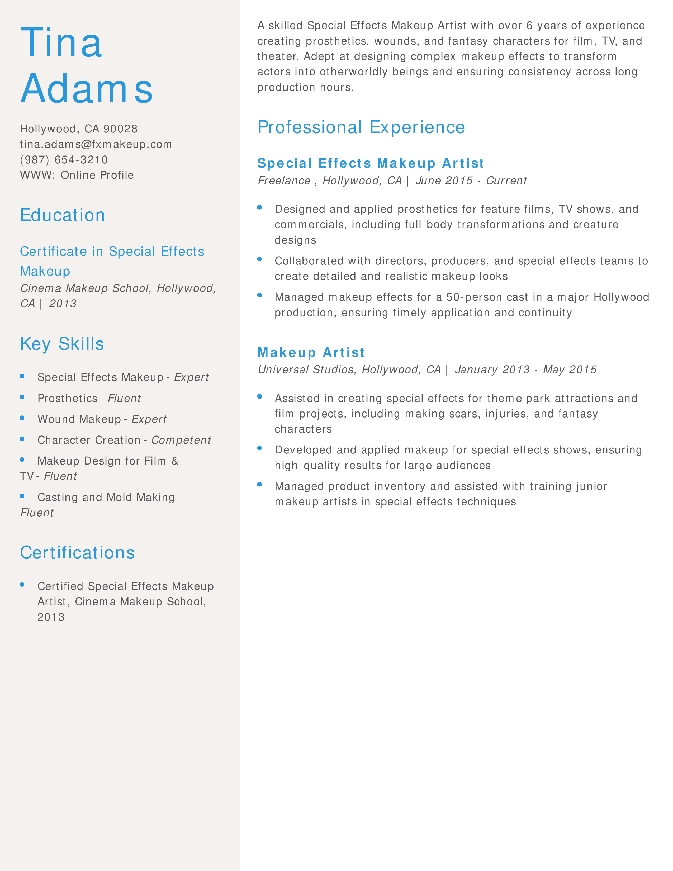 Special Effects Makeup Artist Resume