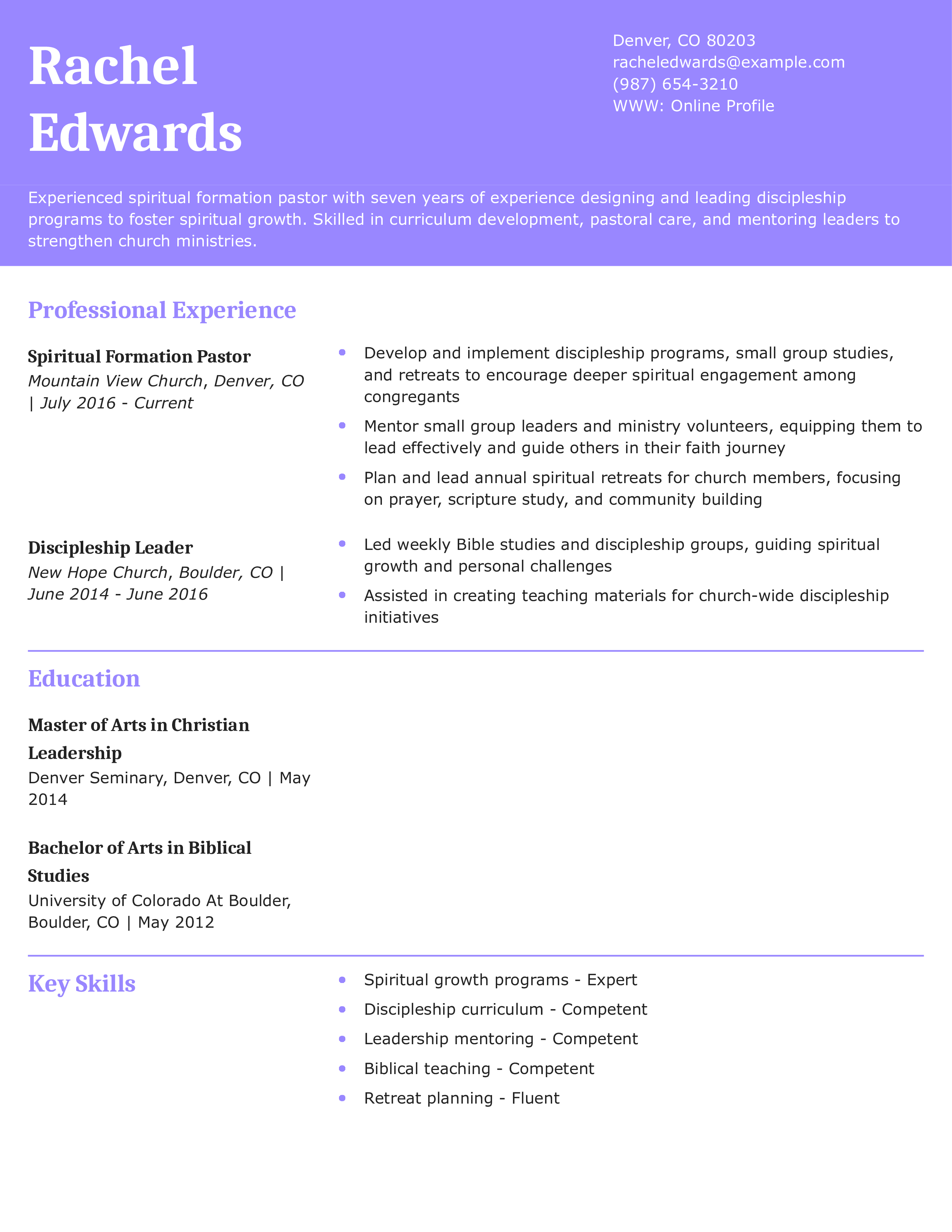 Spiritual Formation Pastor Resume