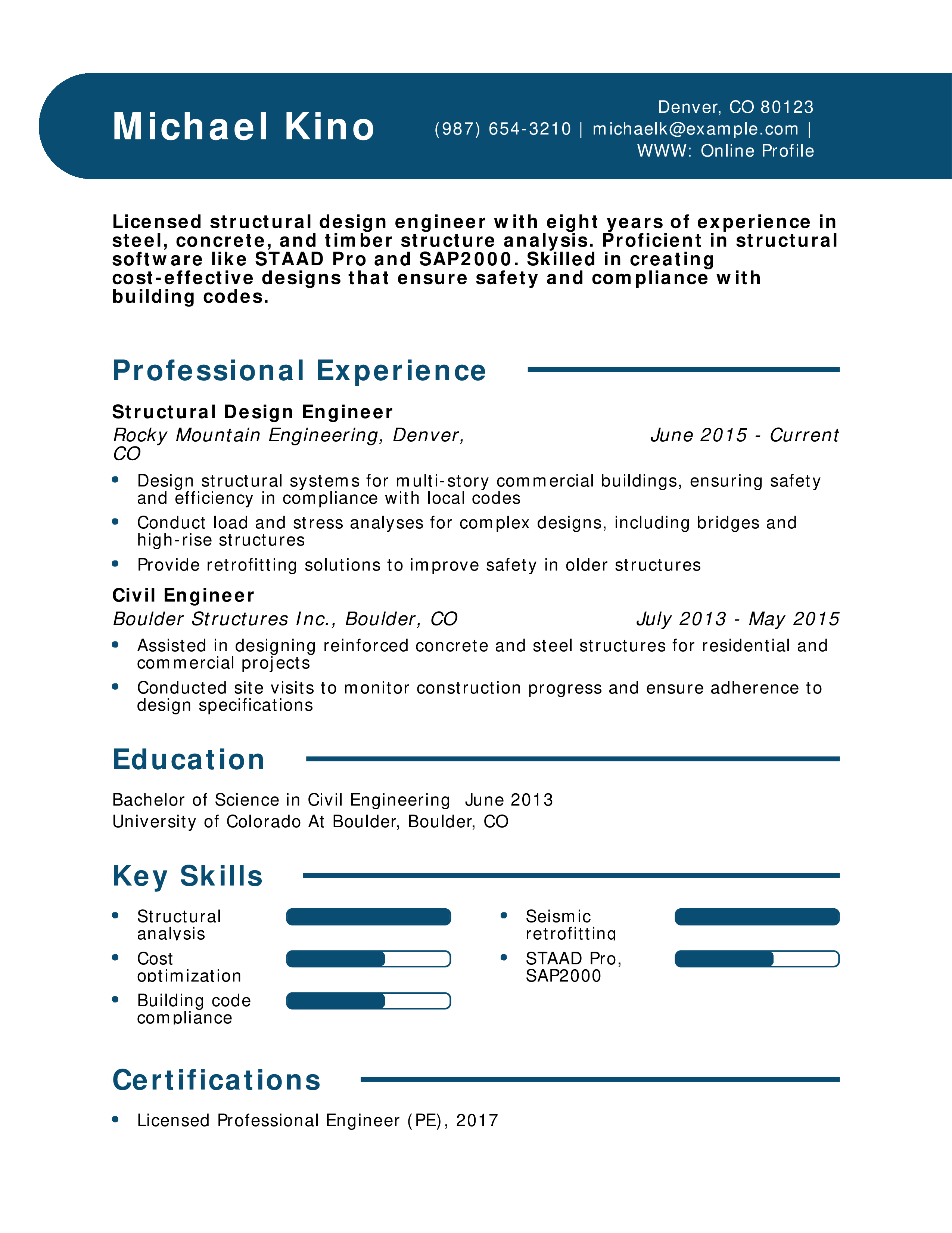 Structural Design Civil Engineer Resume