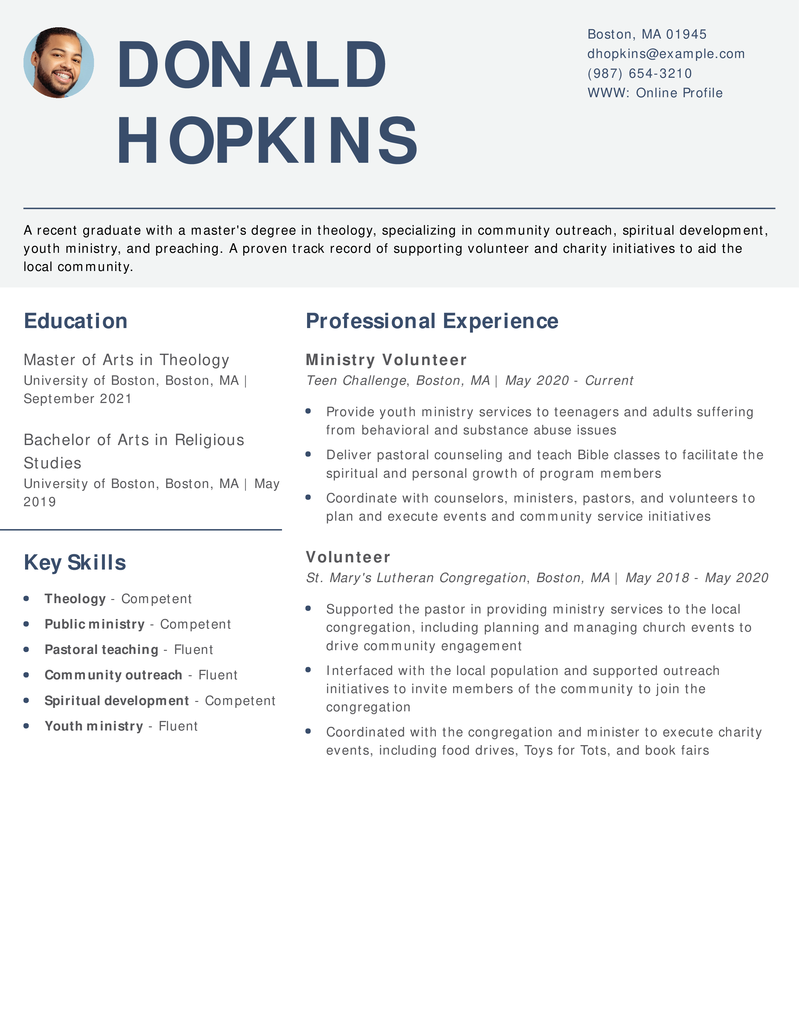 Student Pastor Resume