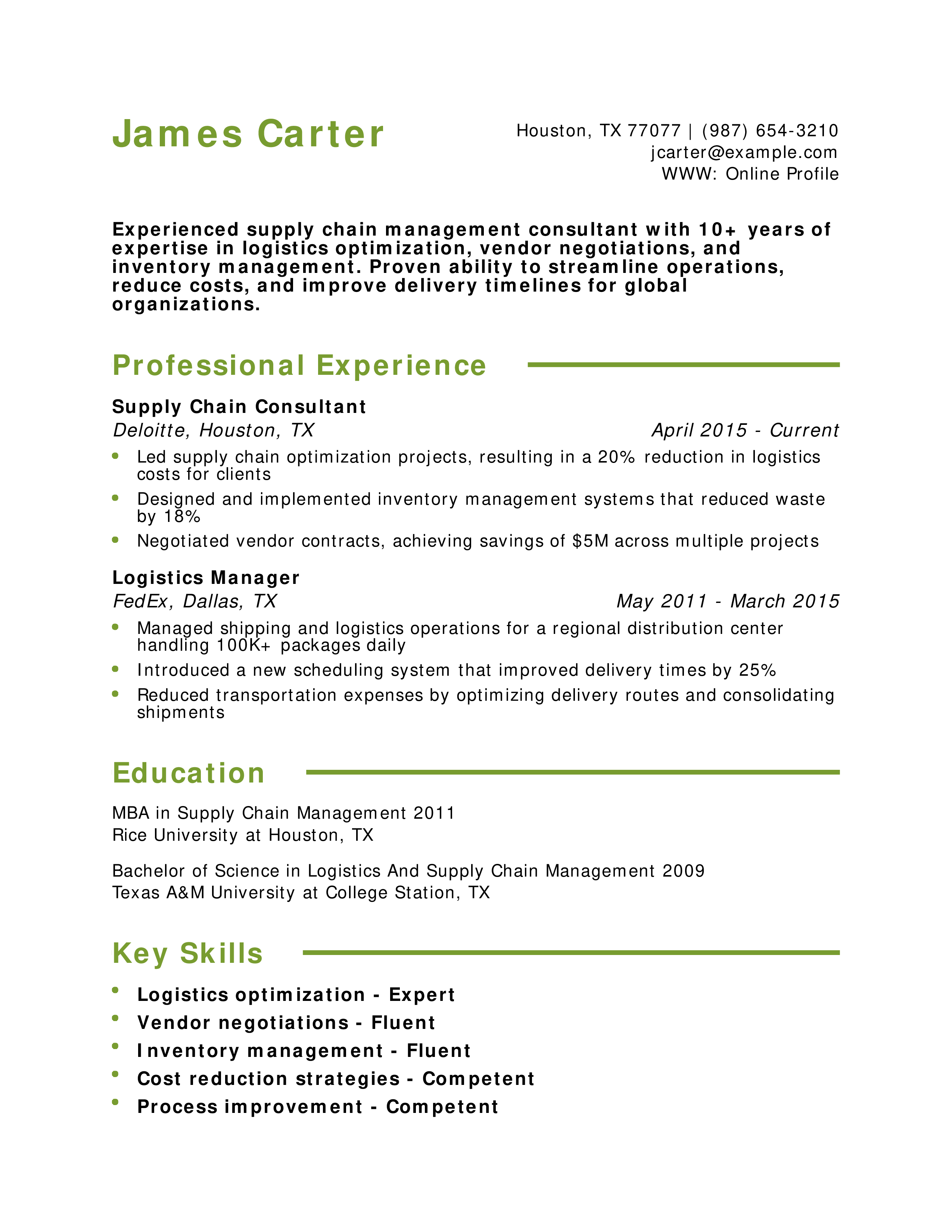 Supply Chain Management Consultant Resume