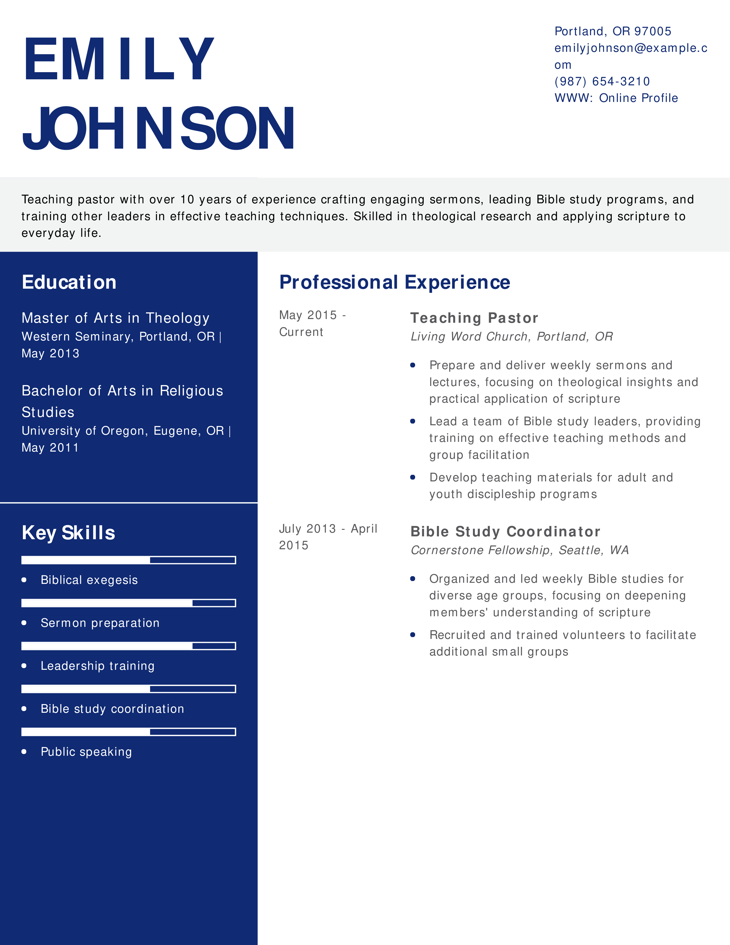 Teaching Pastor Resume