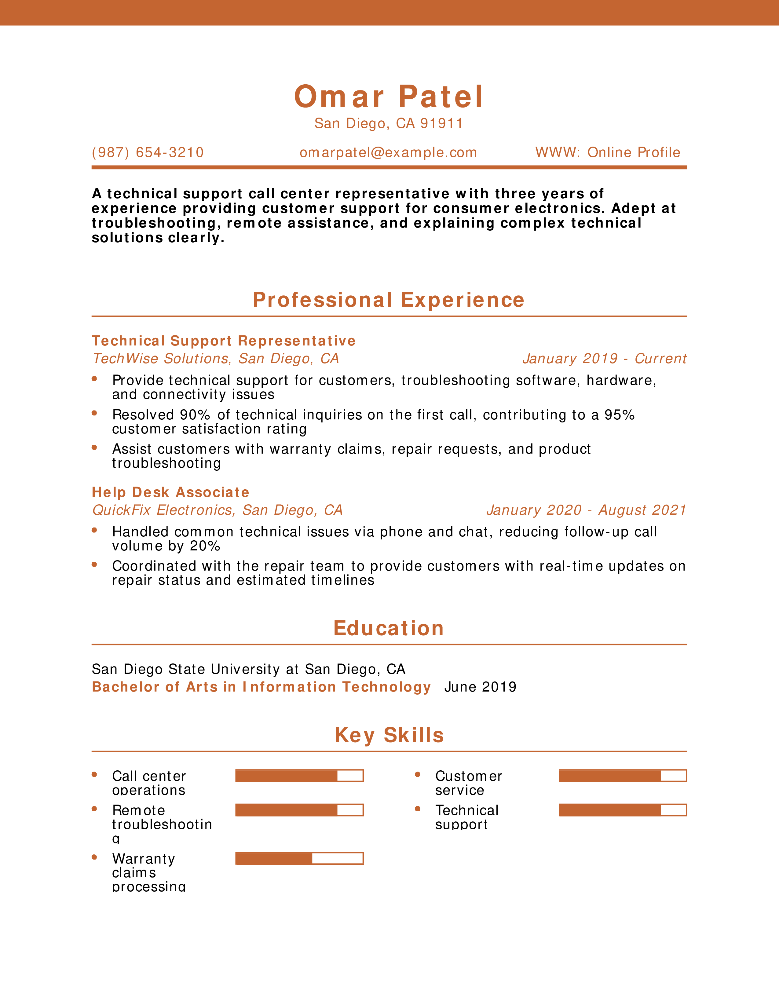 Technical Call Center Representative Resume