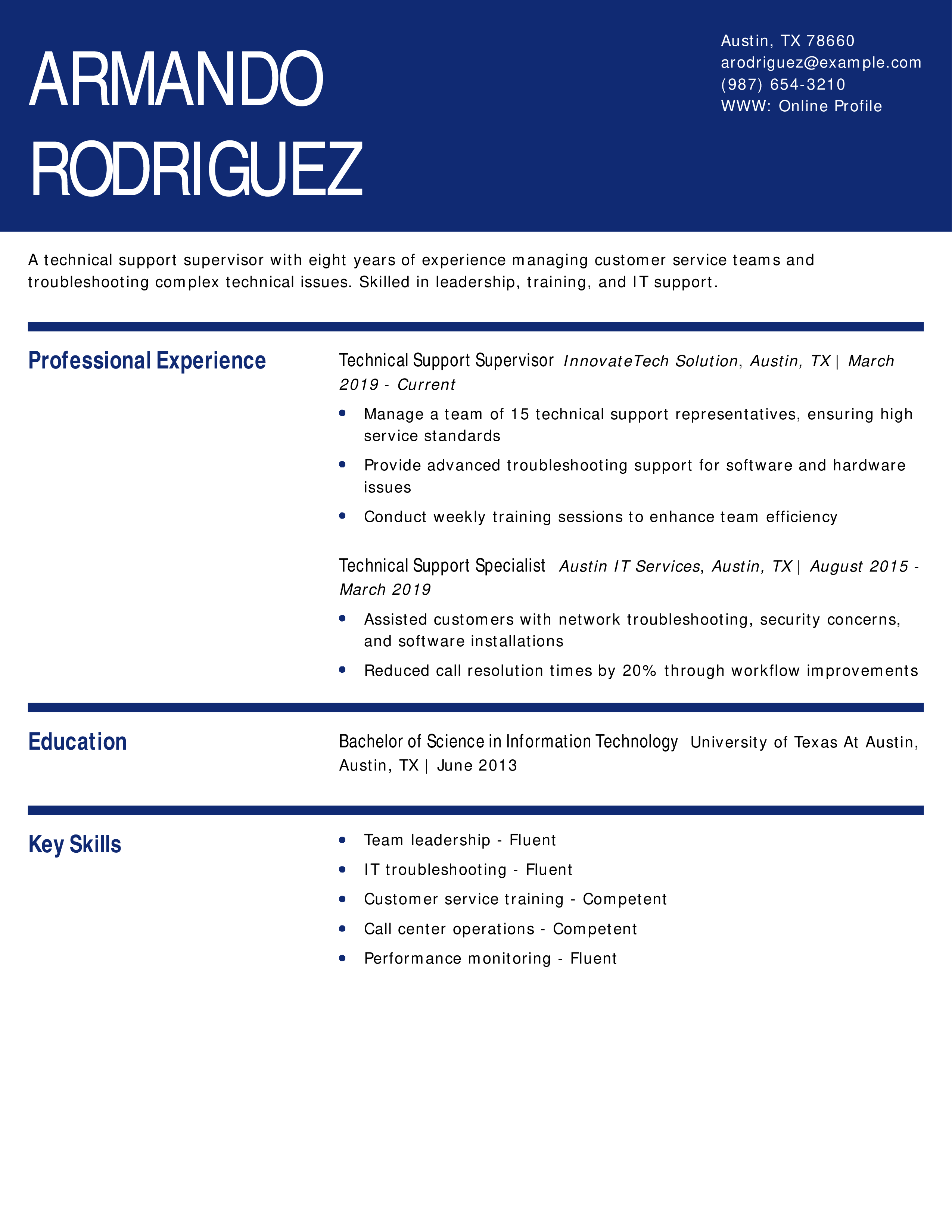 Technical Support Supervisor Resume