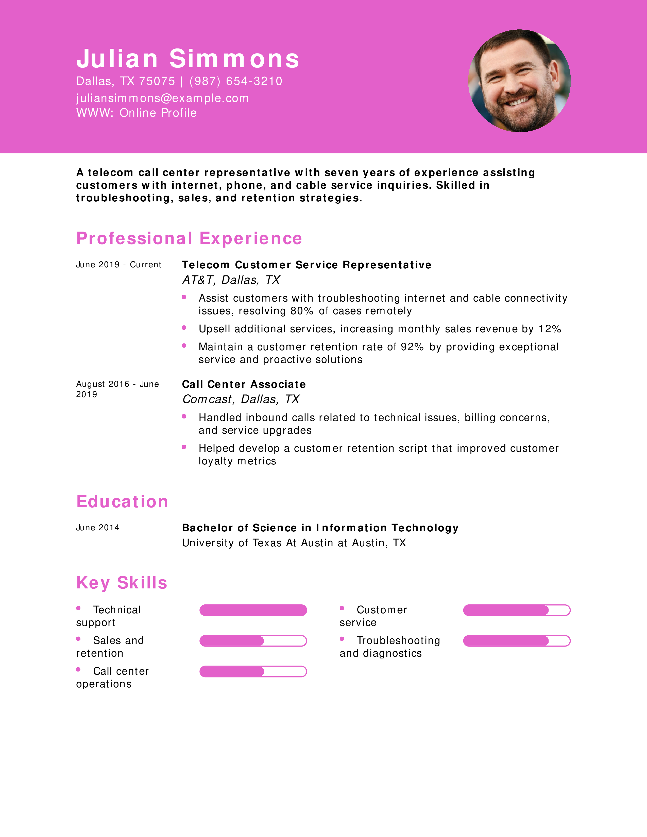 Telecom Call Center Representative Resume