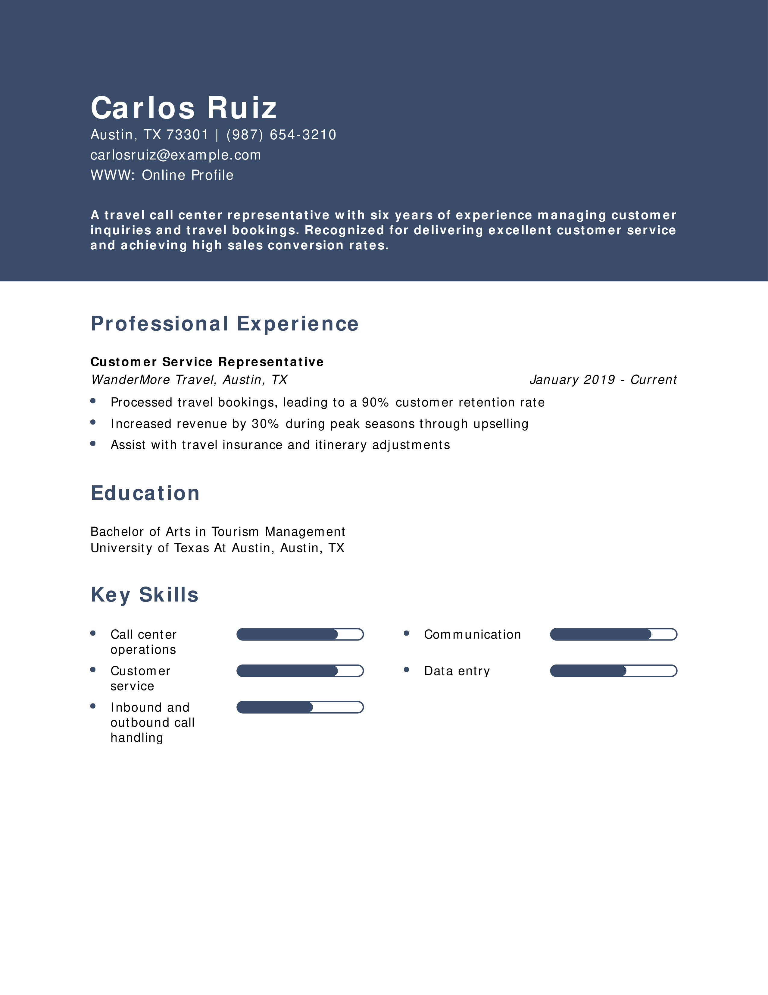 Travel Call Center Representative Resume