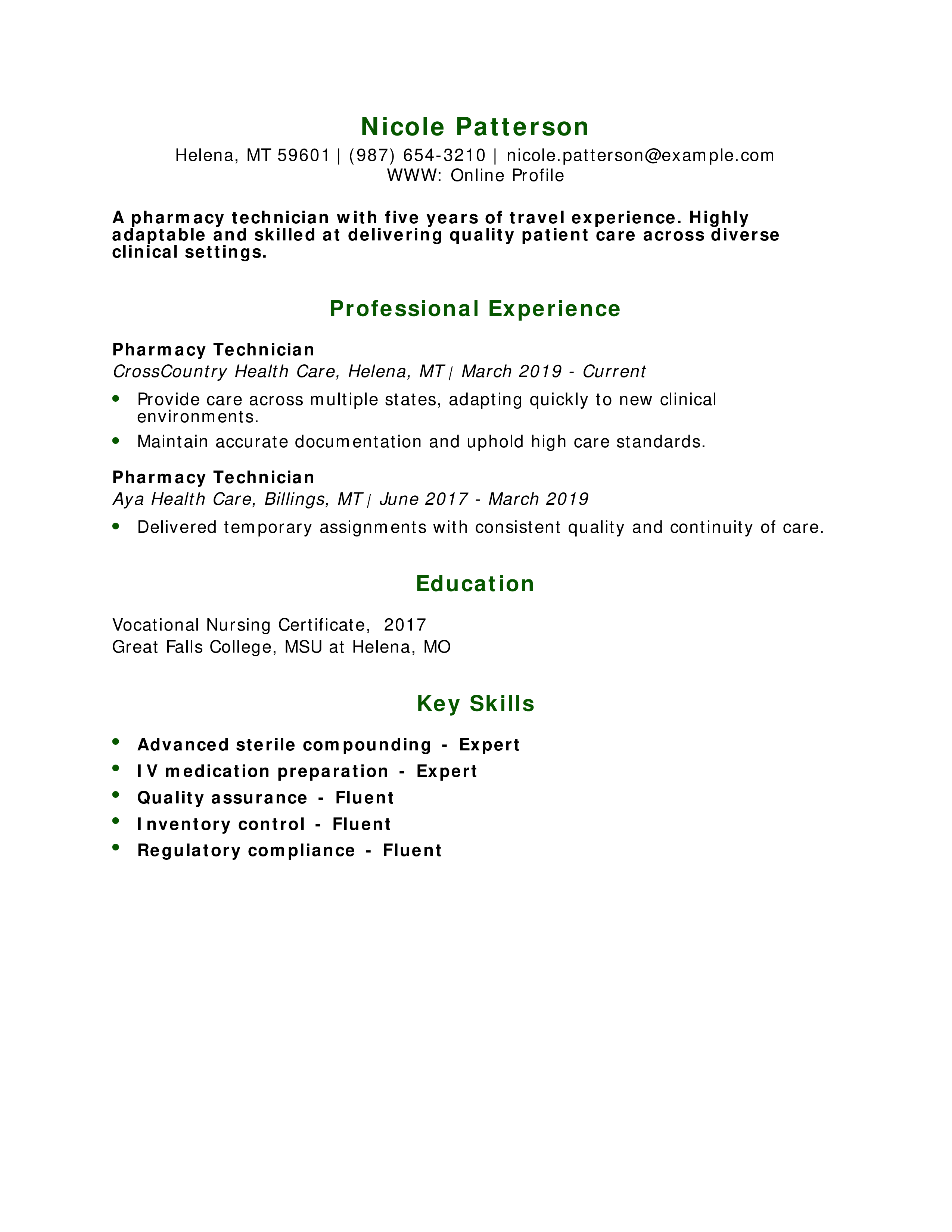 Travel Pharmacy Technician Resume