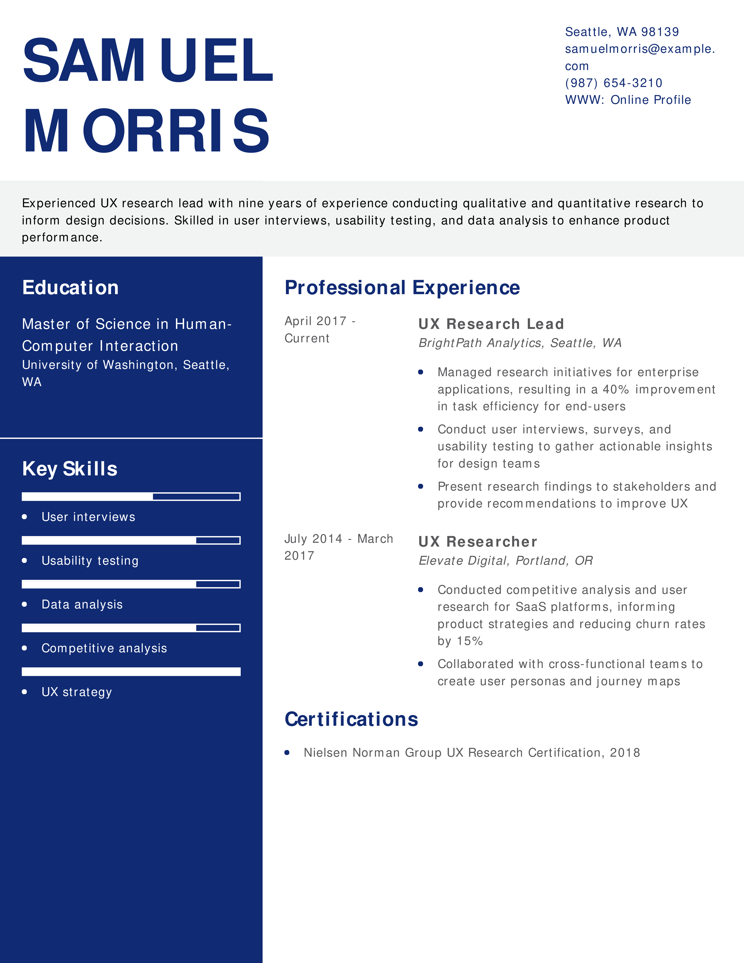 UX Research Lead Resume
