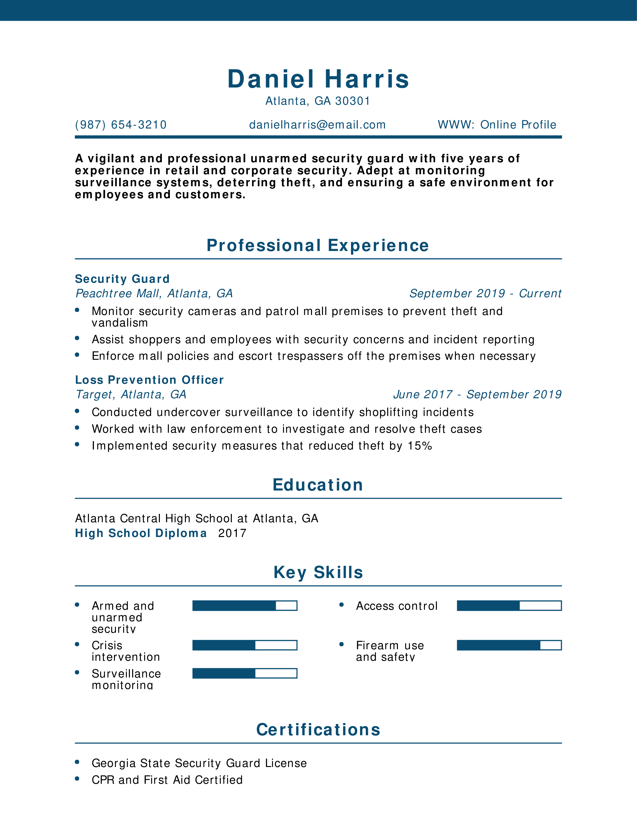 Unarmed Security Guard Resume