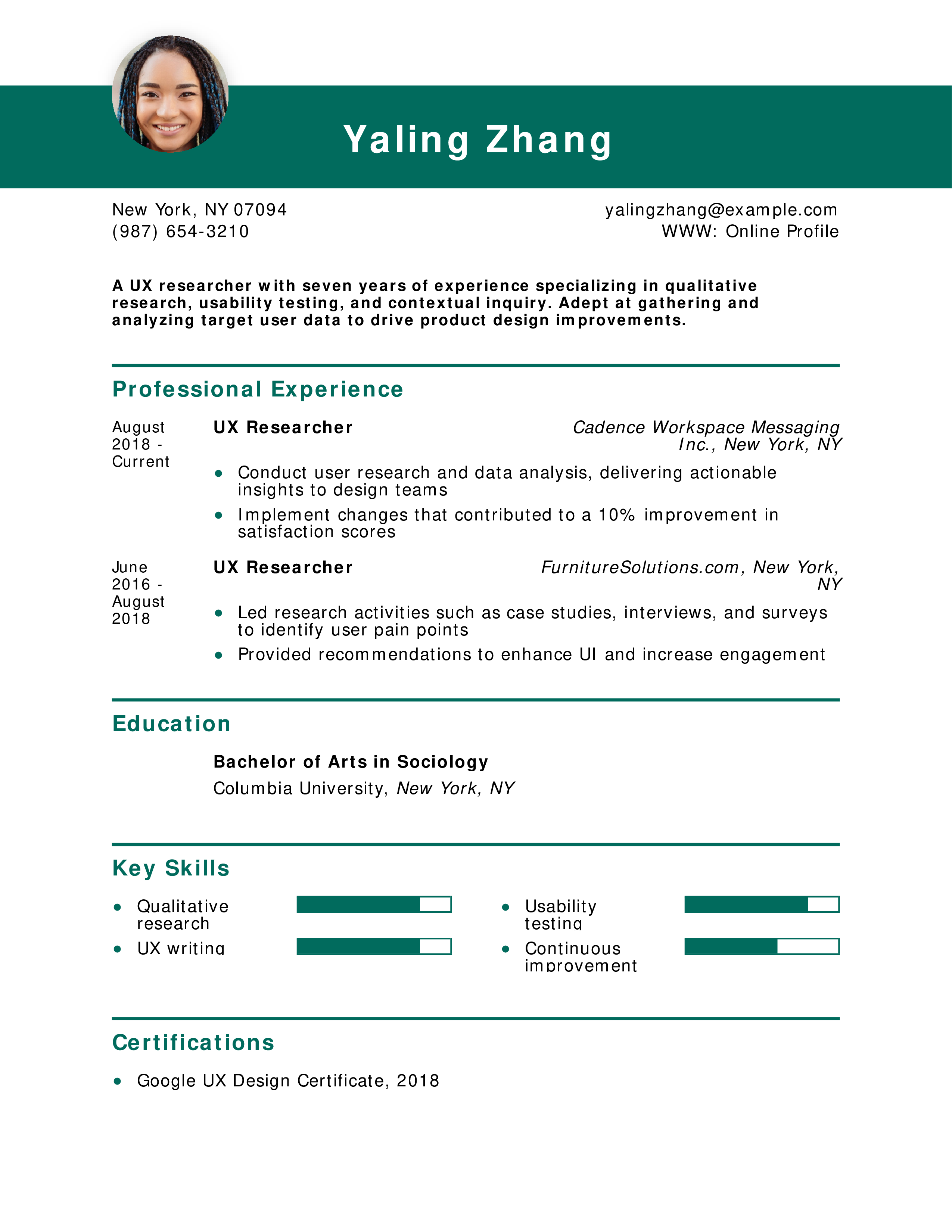 User Experience Researcher Resume