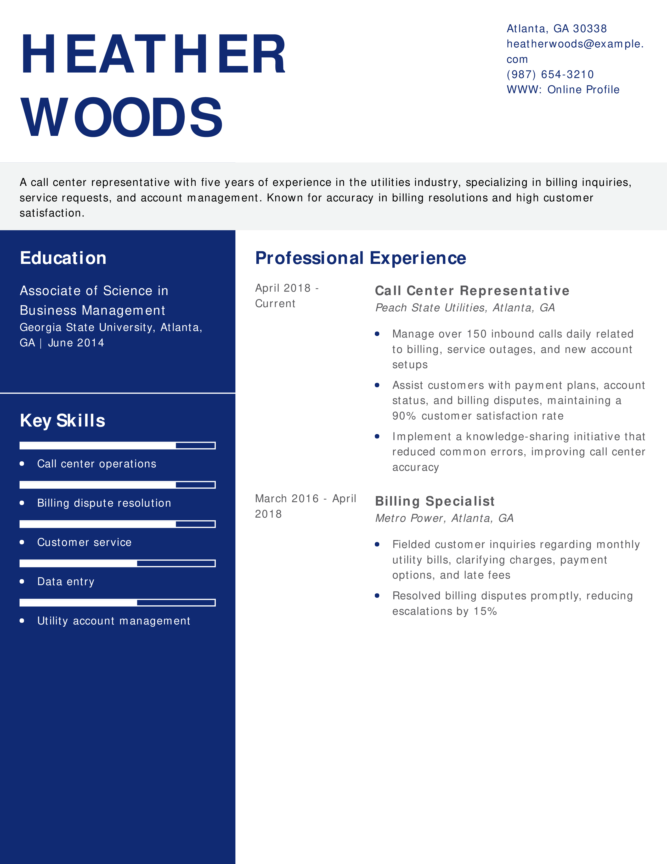 Utilities Call Center Representative Resume