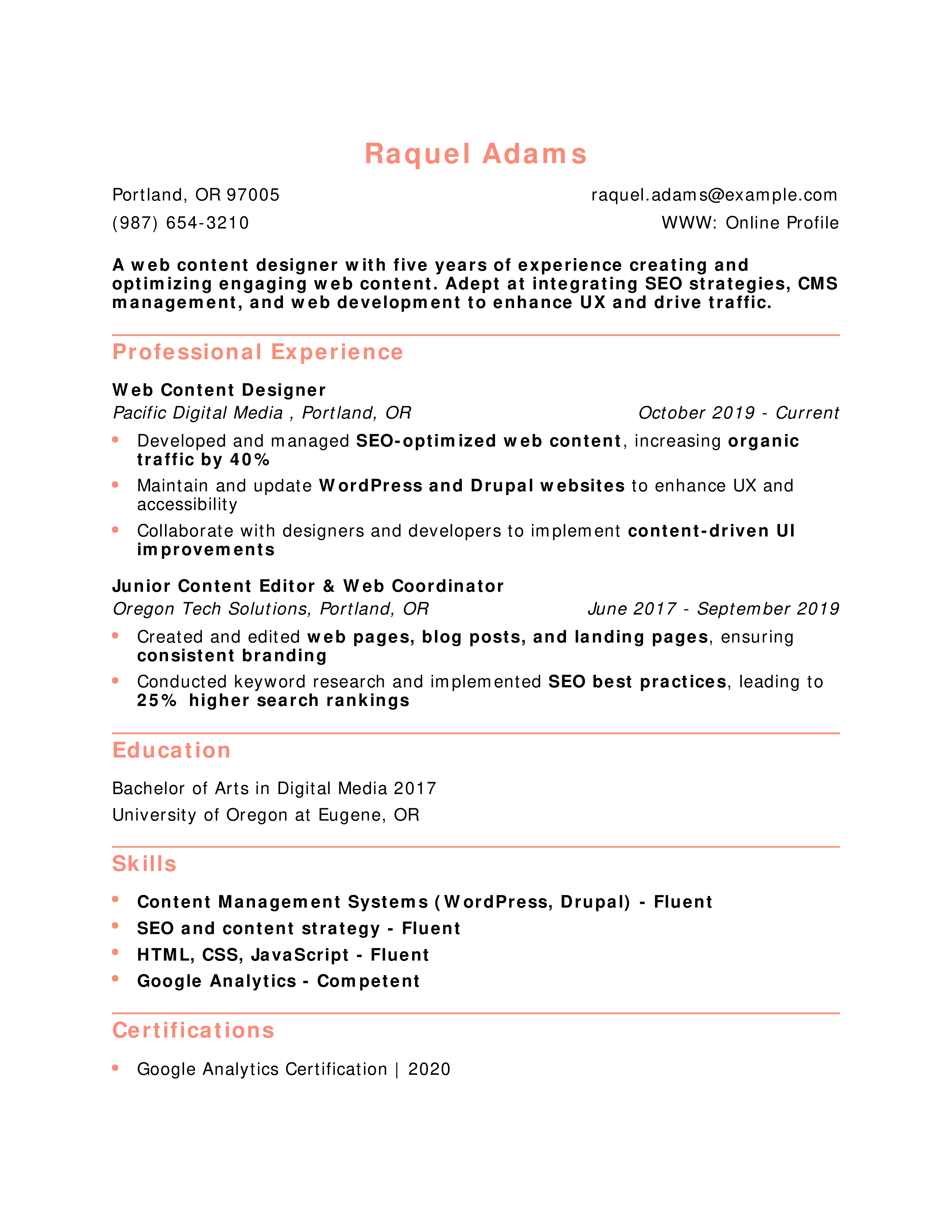 Web Content Designer Resume