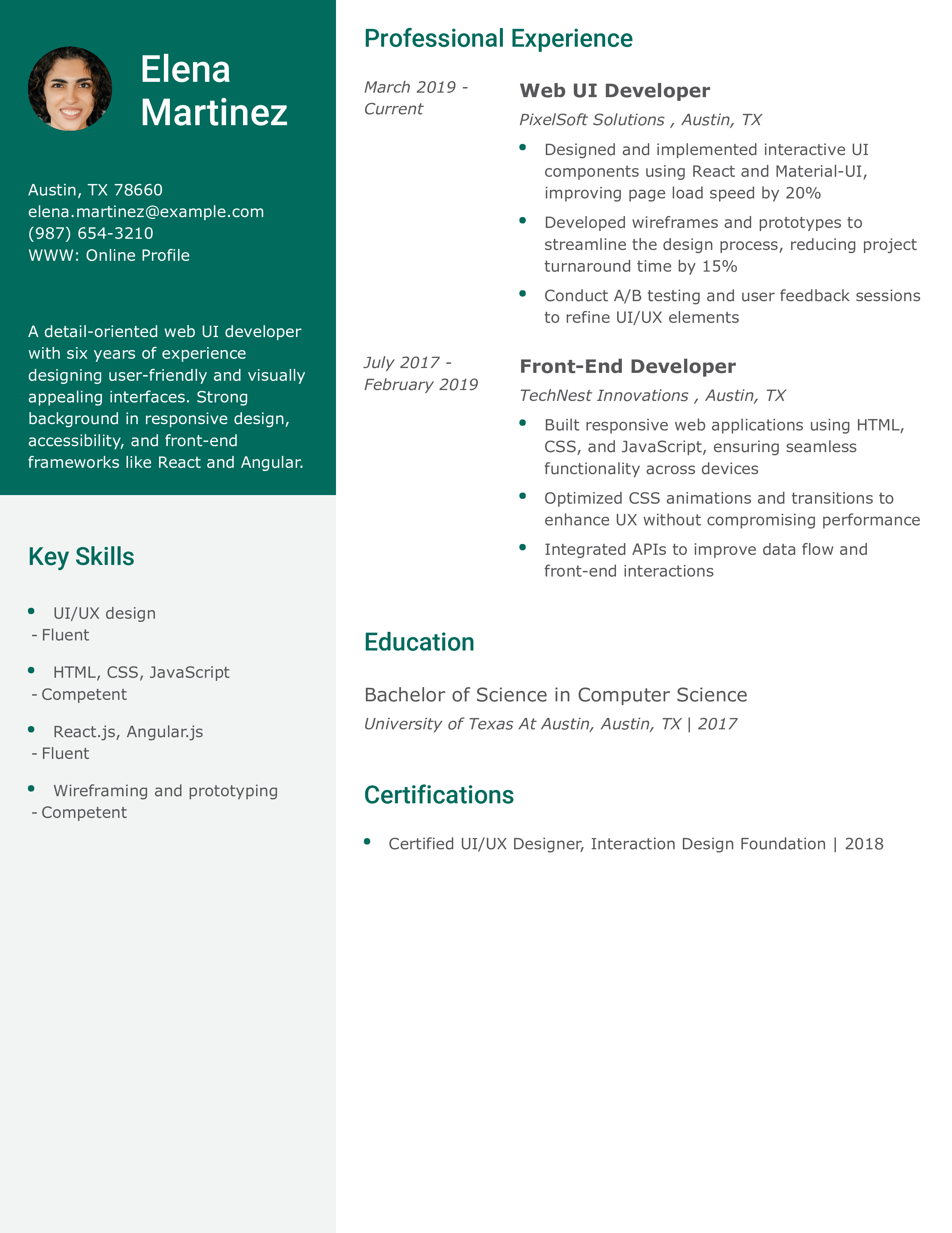 Web UI Developer Resume