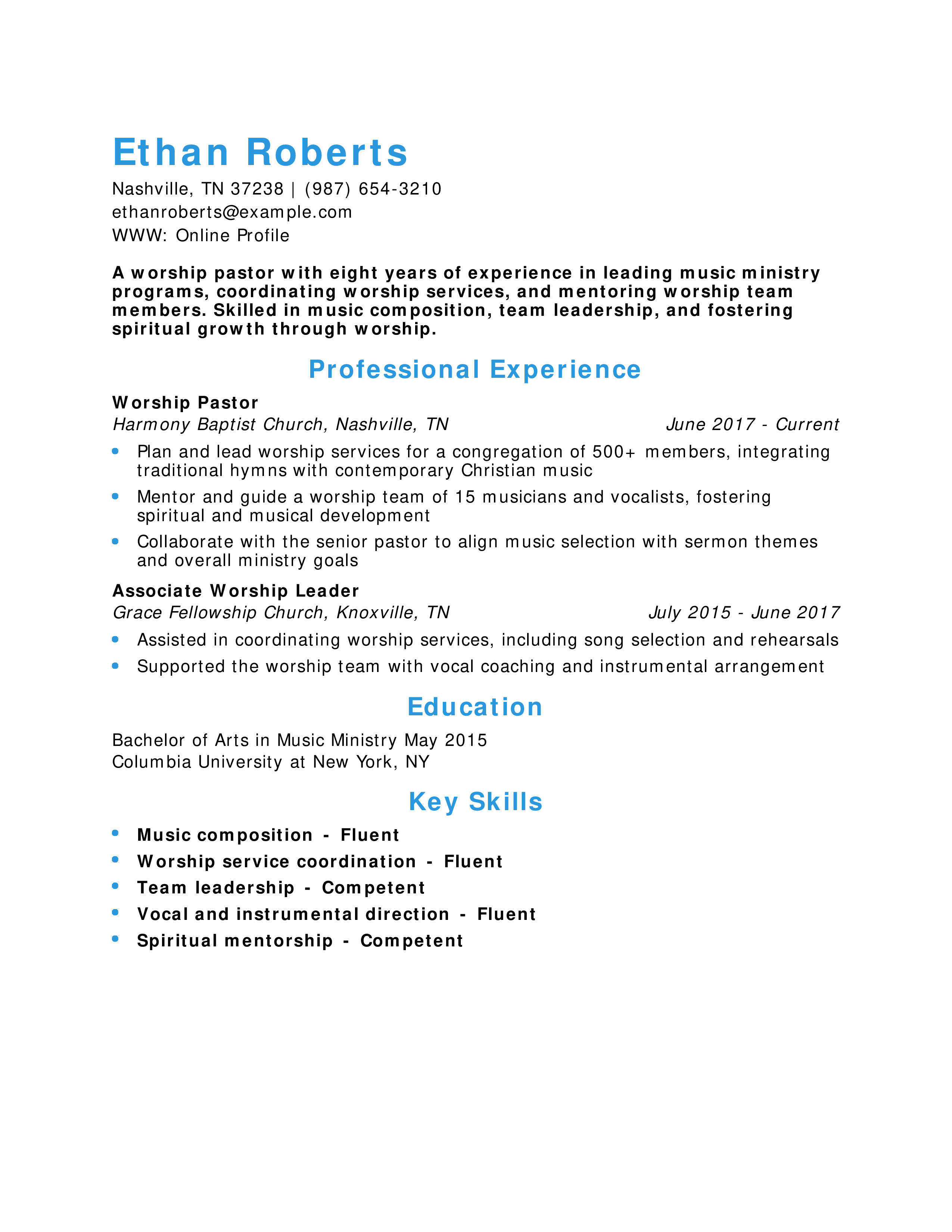 Worship Pastor Resume
