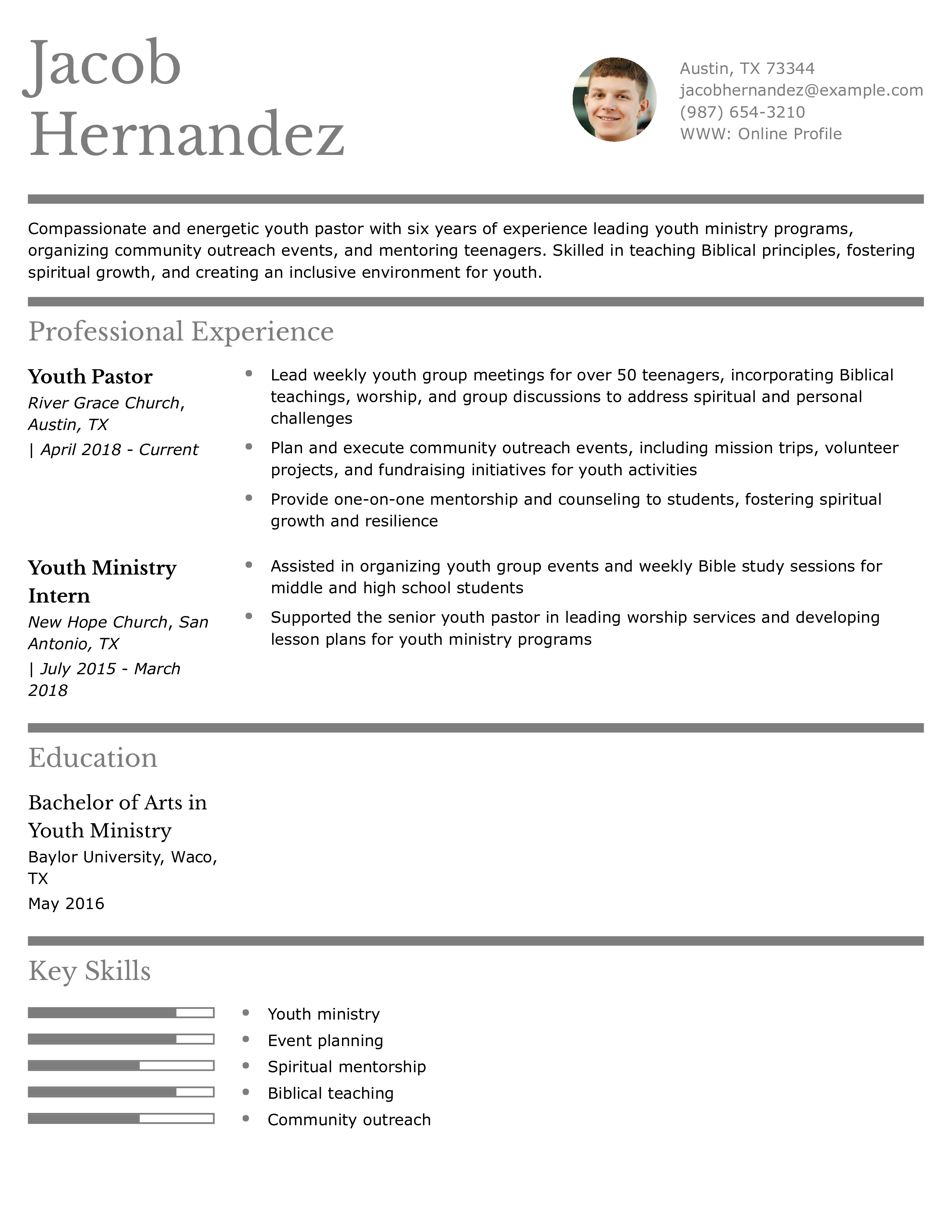 Youth Pastor Resume