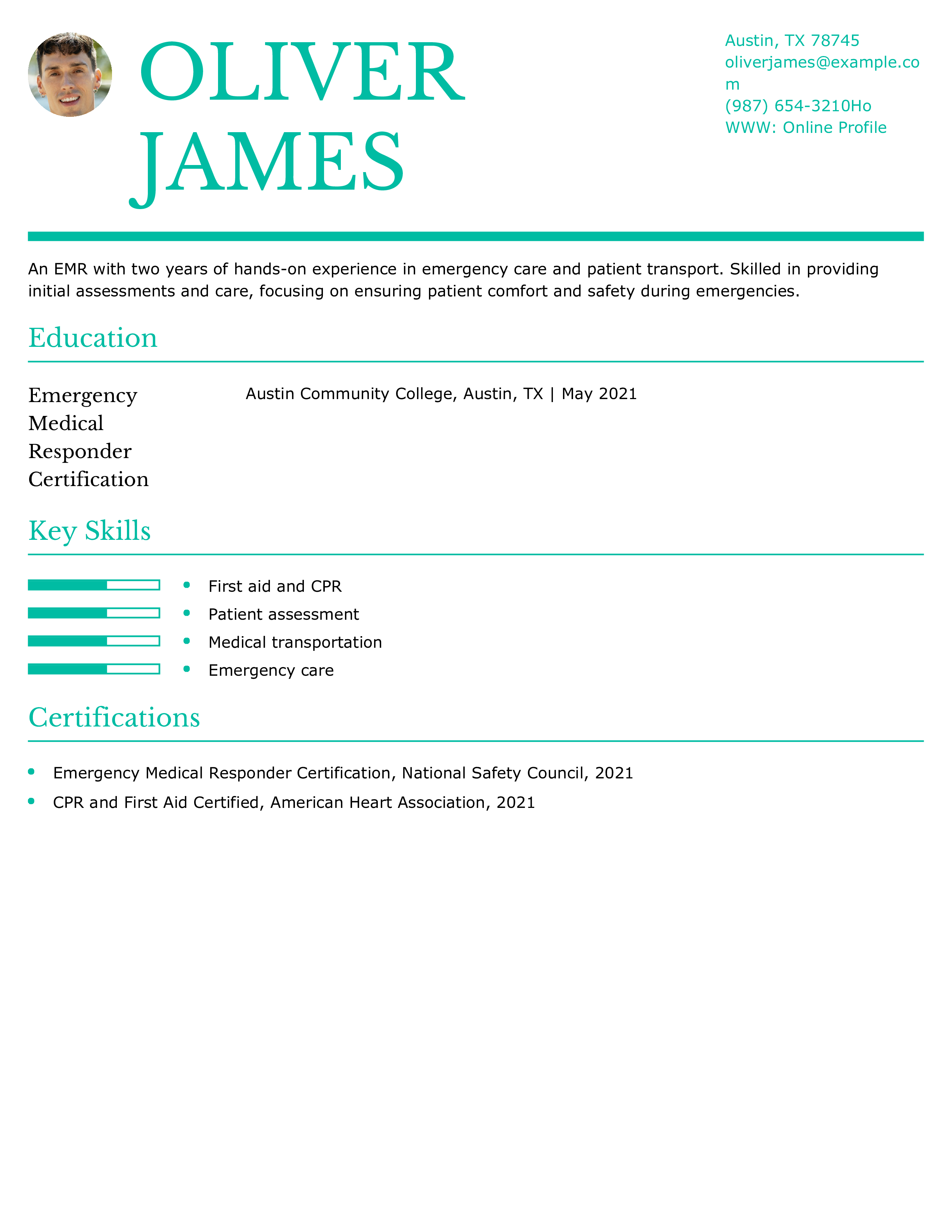 Beginner Emergency Medical Responder Resume