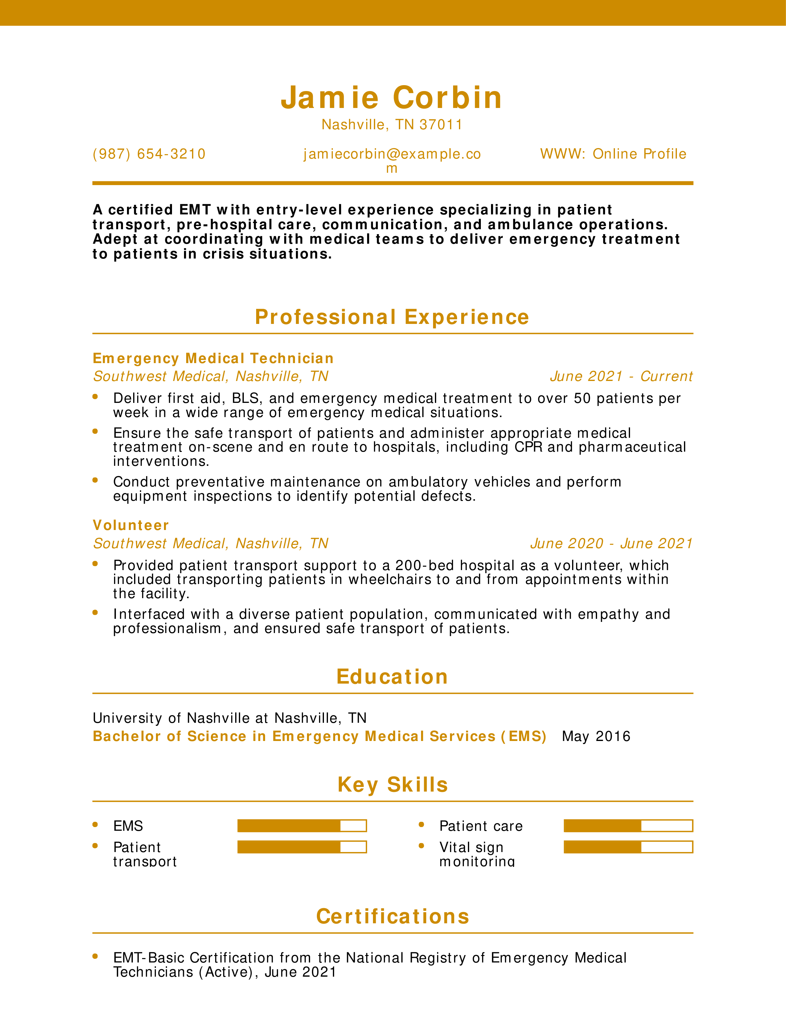 Certified Emergency Medical Technician Resume