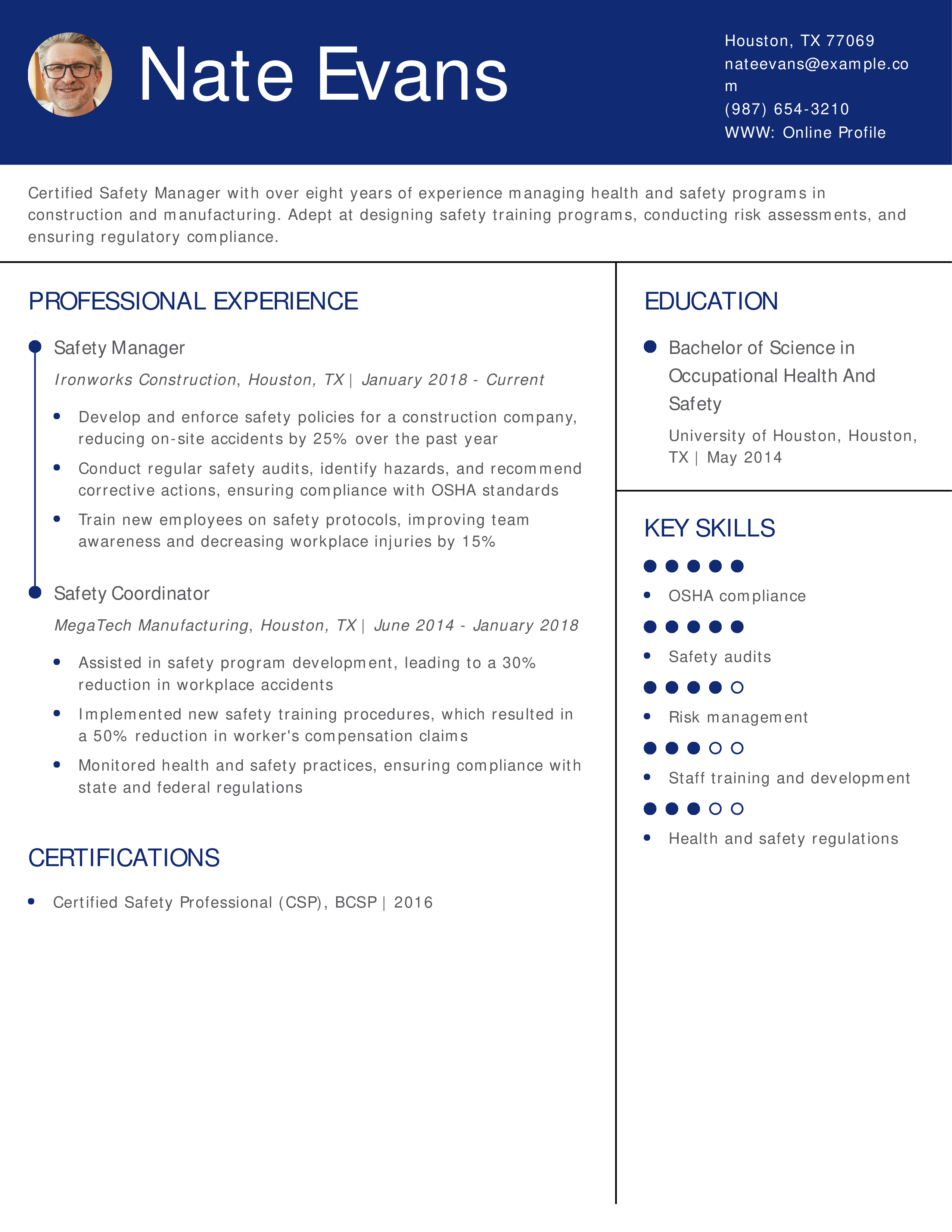 Certified Safety Manager Resume