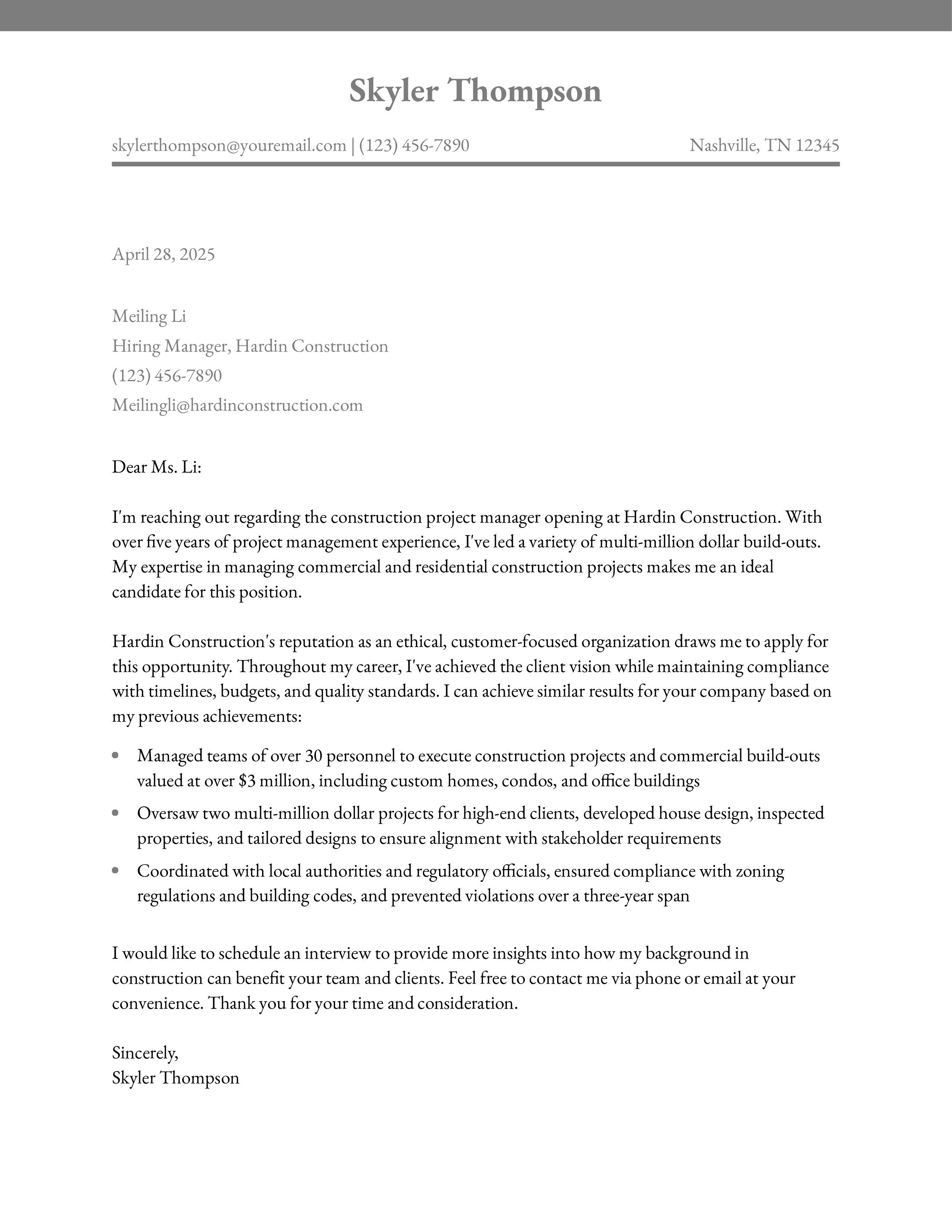 Construction Project Manager Cover Letter