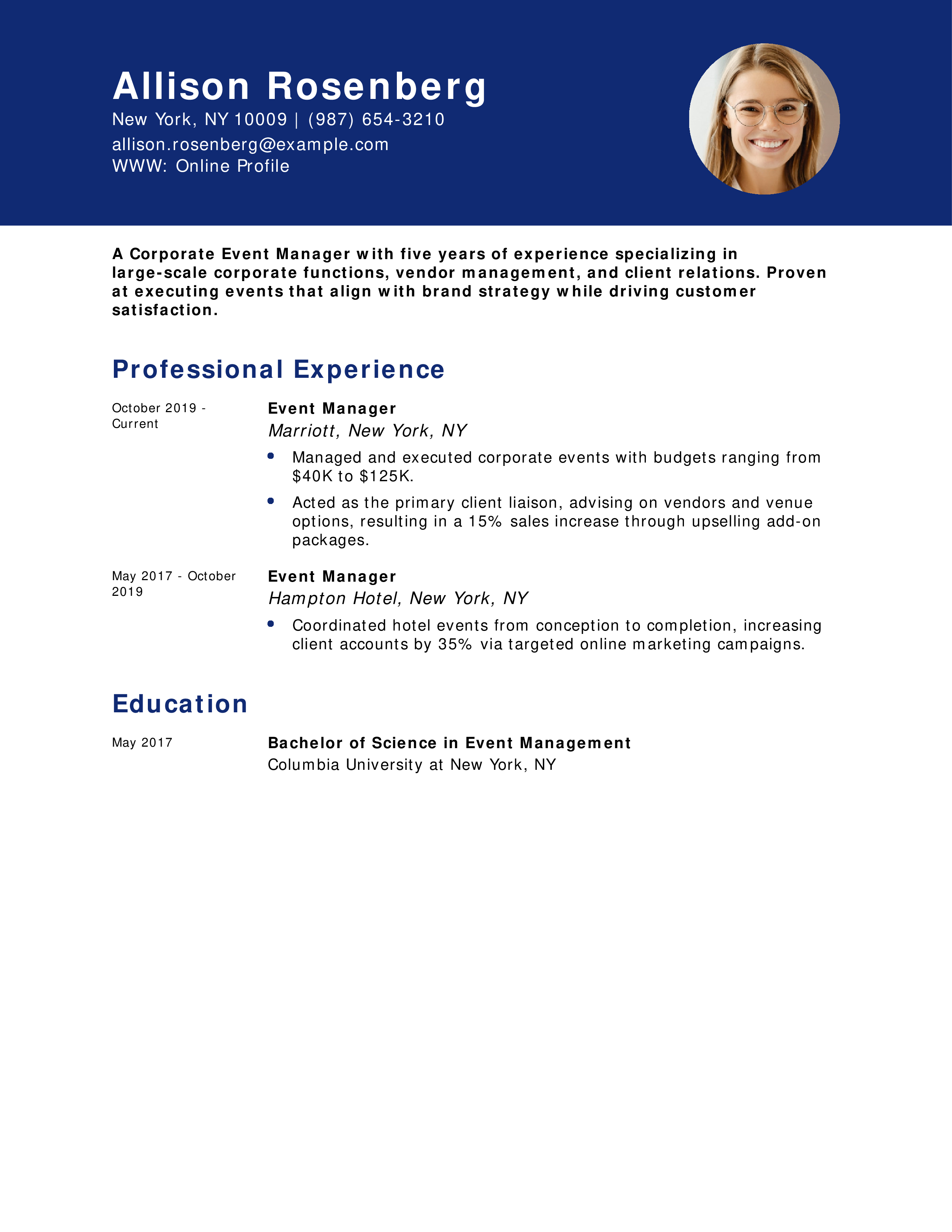 Corporate Event Manager Resume