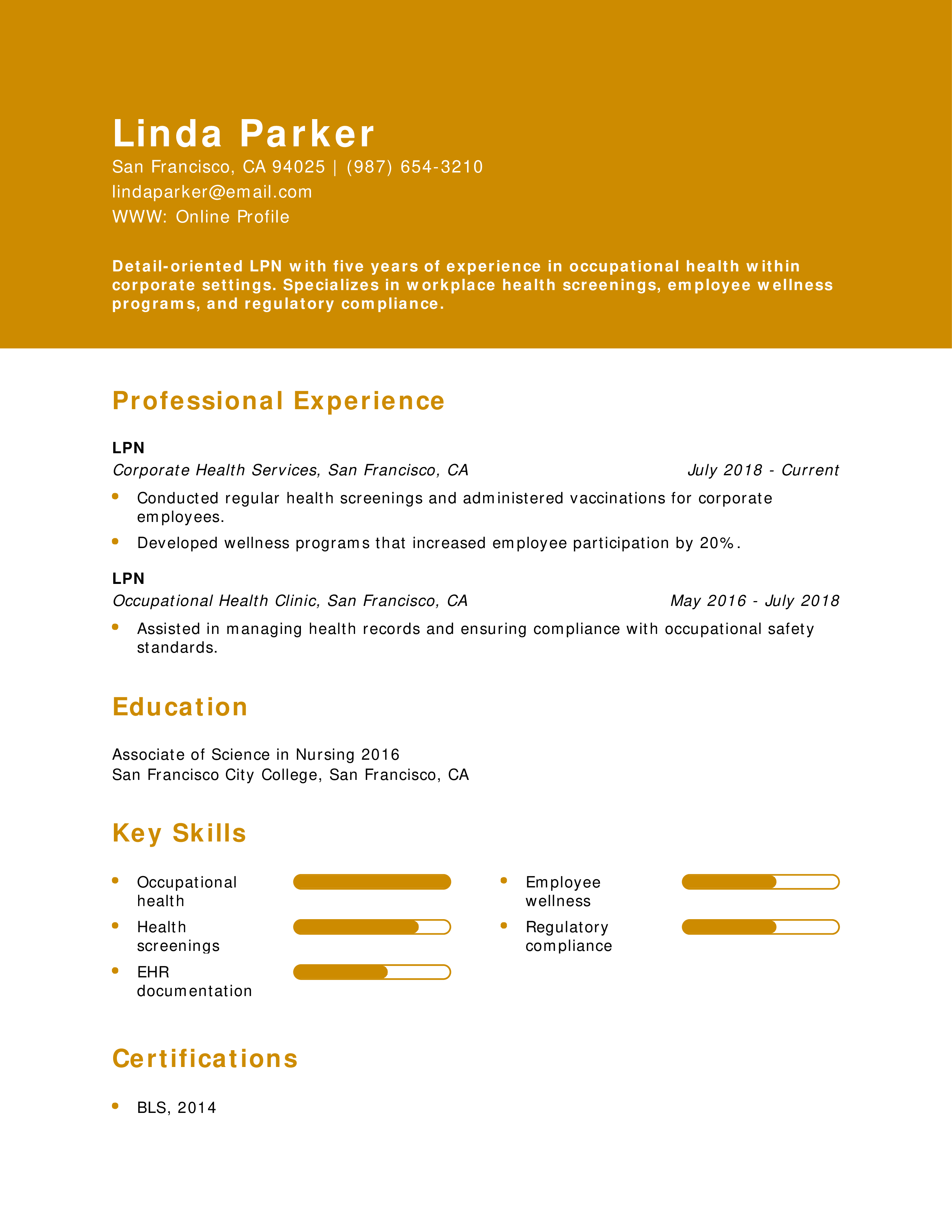 Corporate Occupational Health LPN Resume