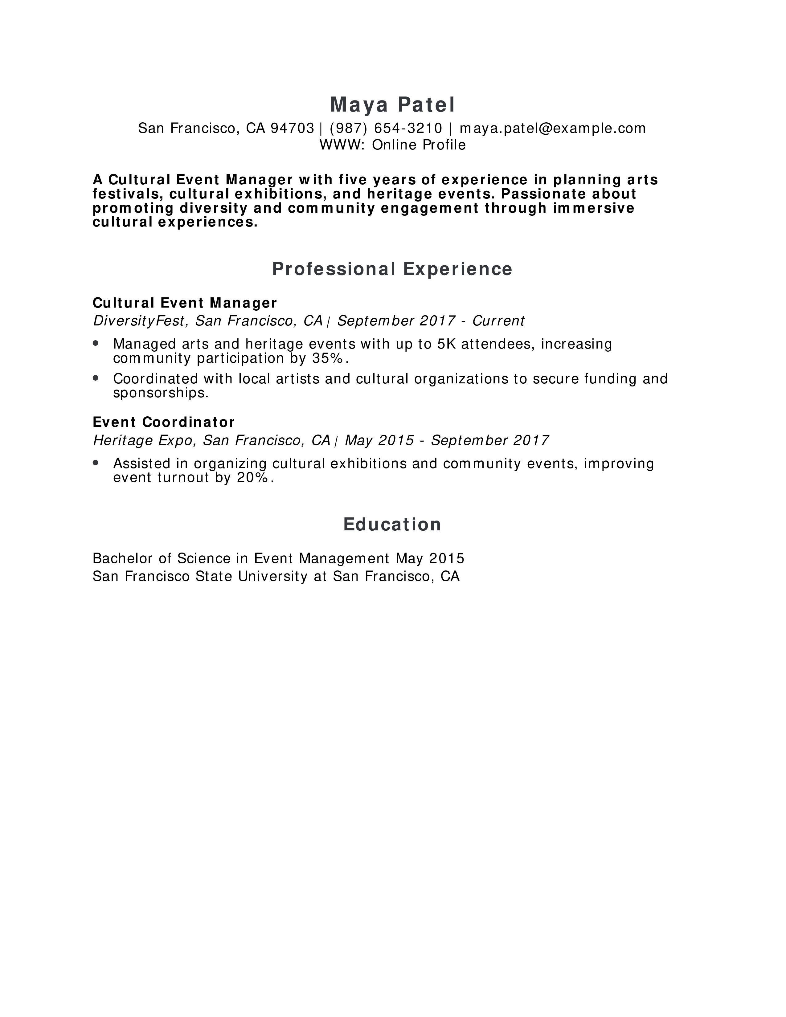 Cultural Event Manager Resume