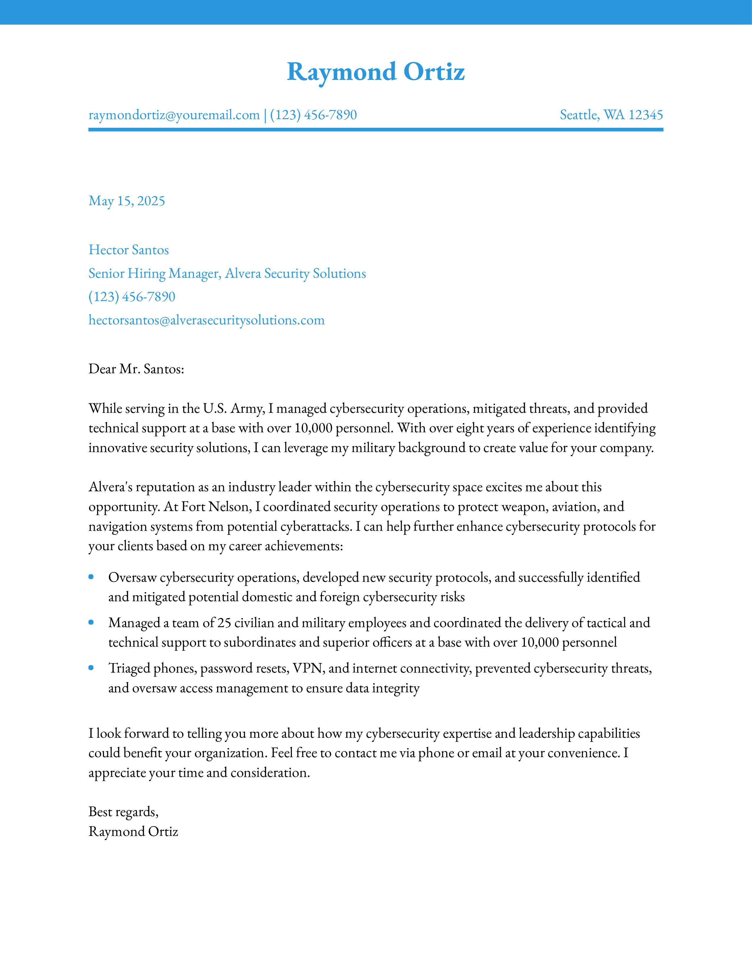 Cybersecurity Analyst (Military to Civilian) Cover Letter