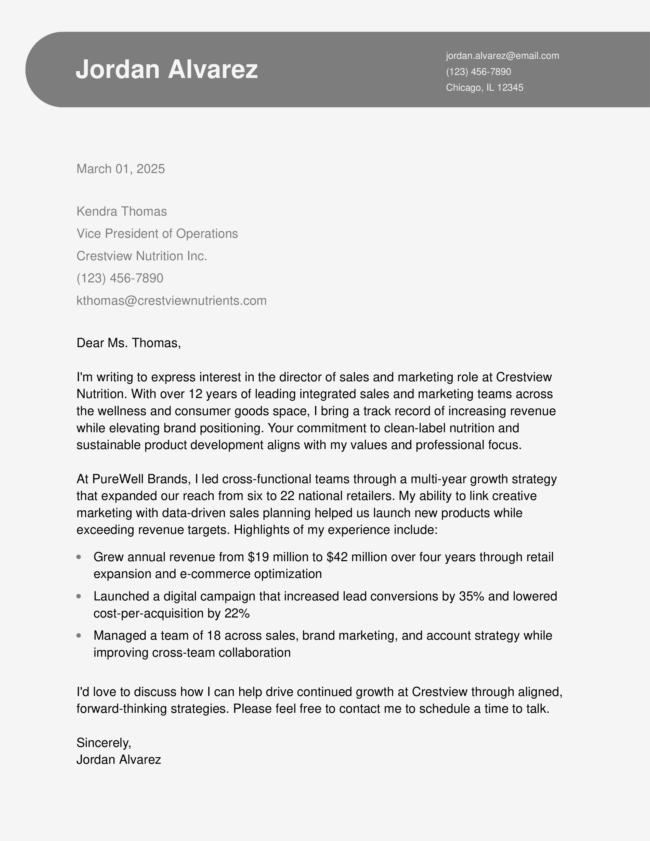 Director of Sales and Marketing Cover Letter