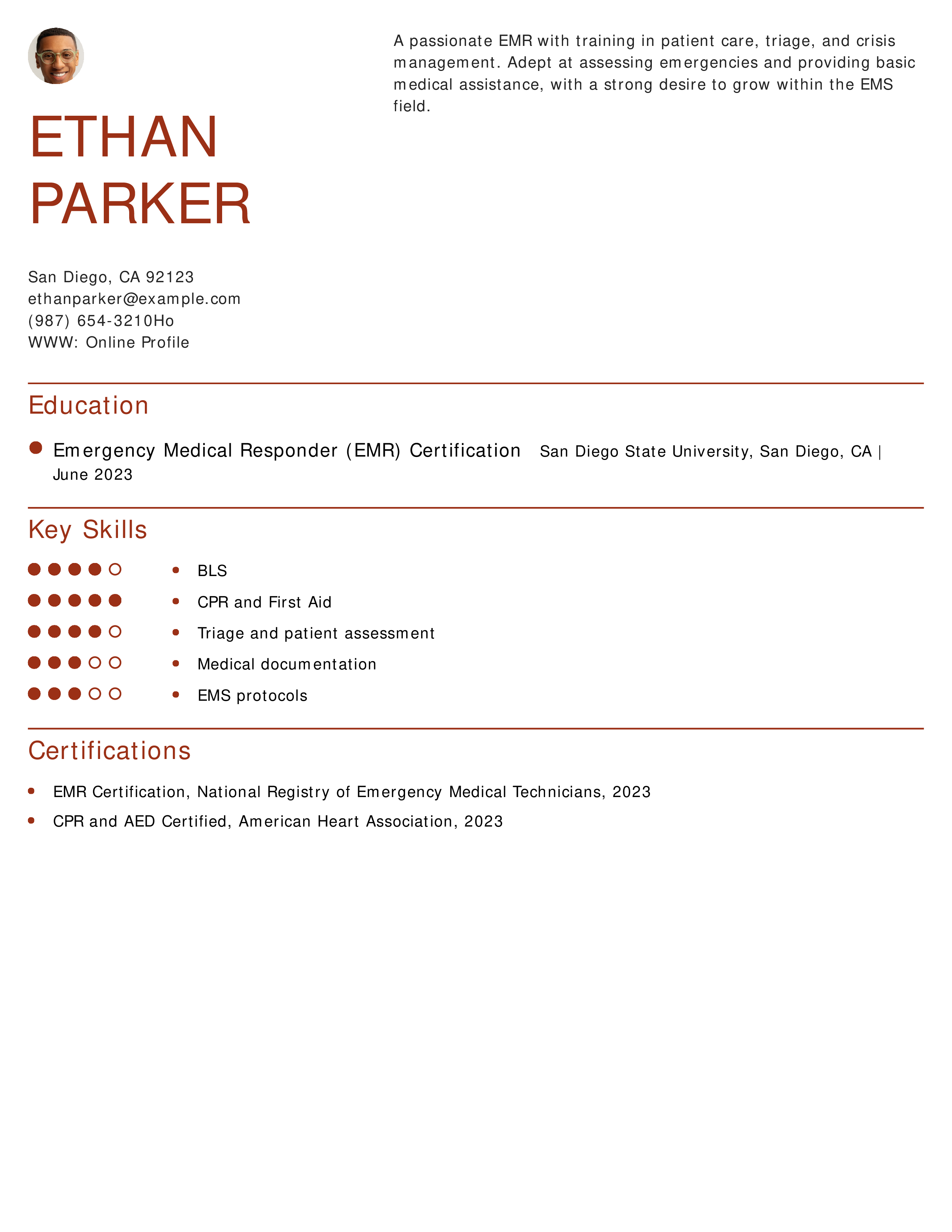 Emergency Medical Responder Resume