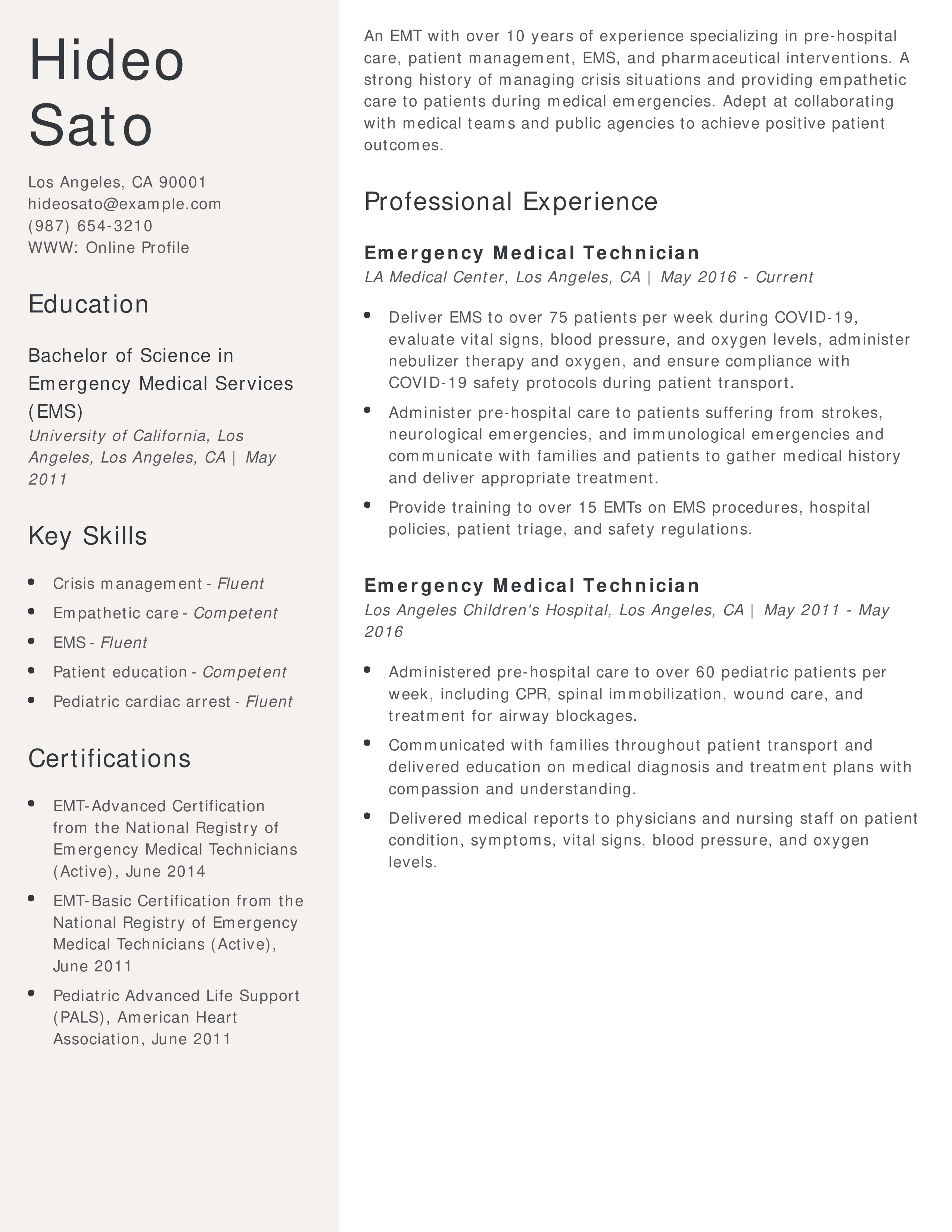 Emergency Medical Technician Resume