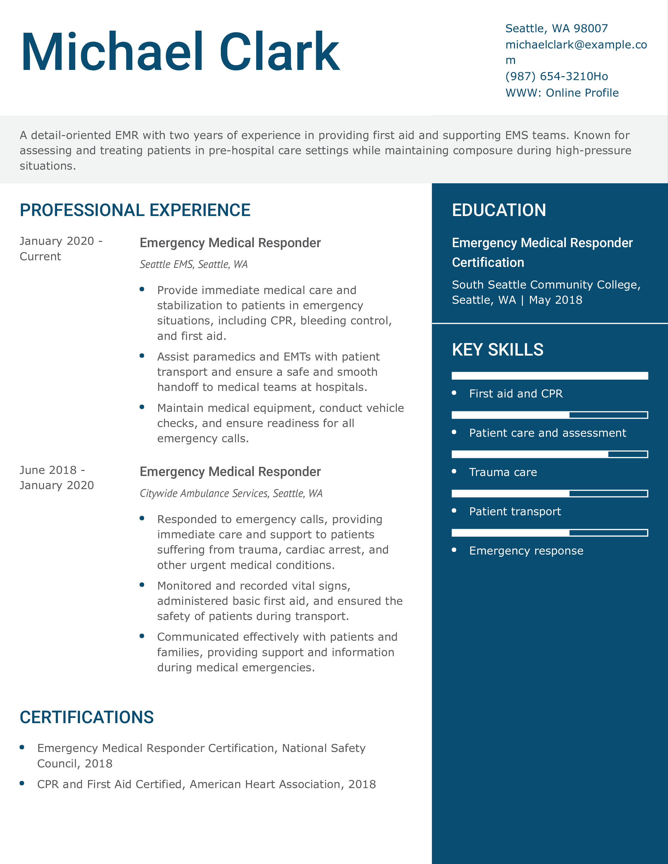 Entry-Level Emergency Medical Responder Resume