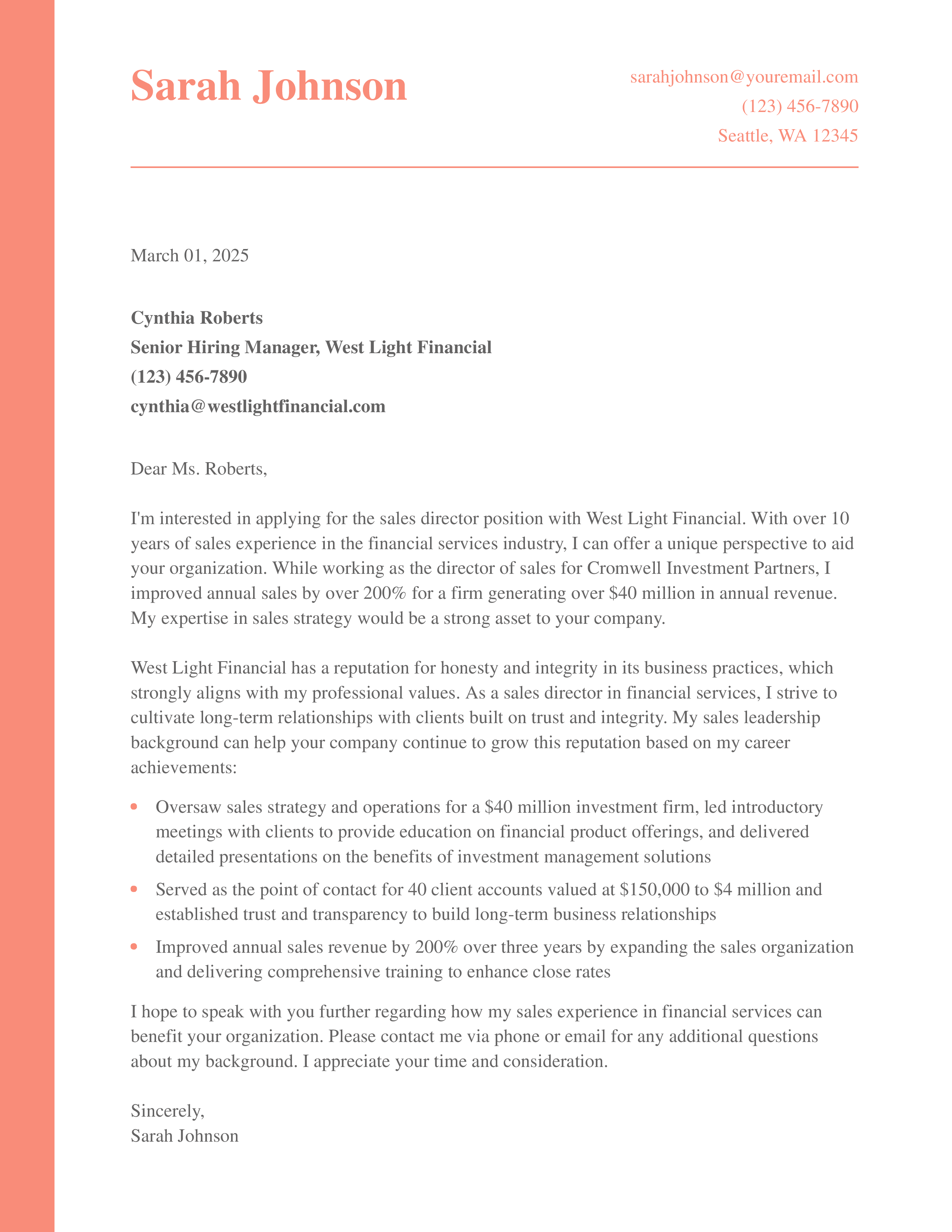 Experienced Sales Director Cover Letter