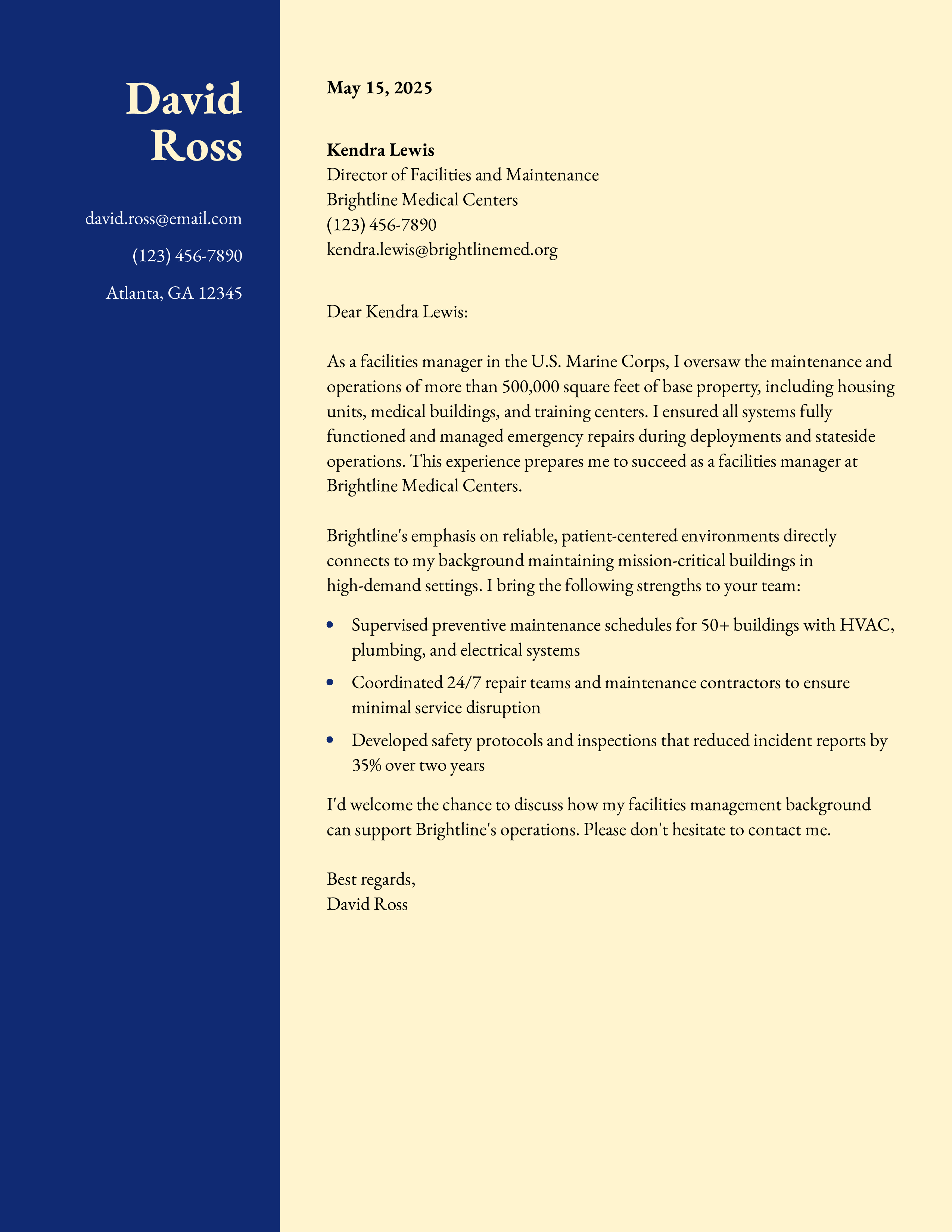 Facilities Manager (Military to Civilian) Cover Letter