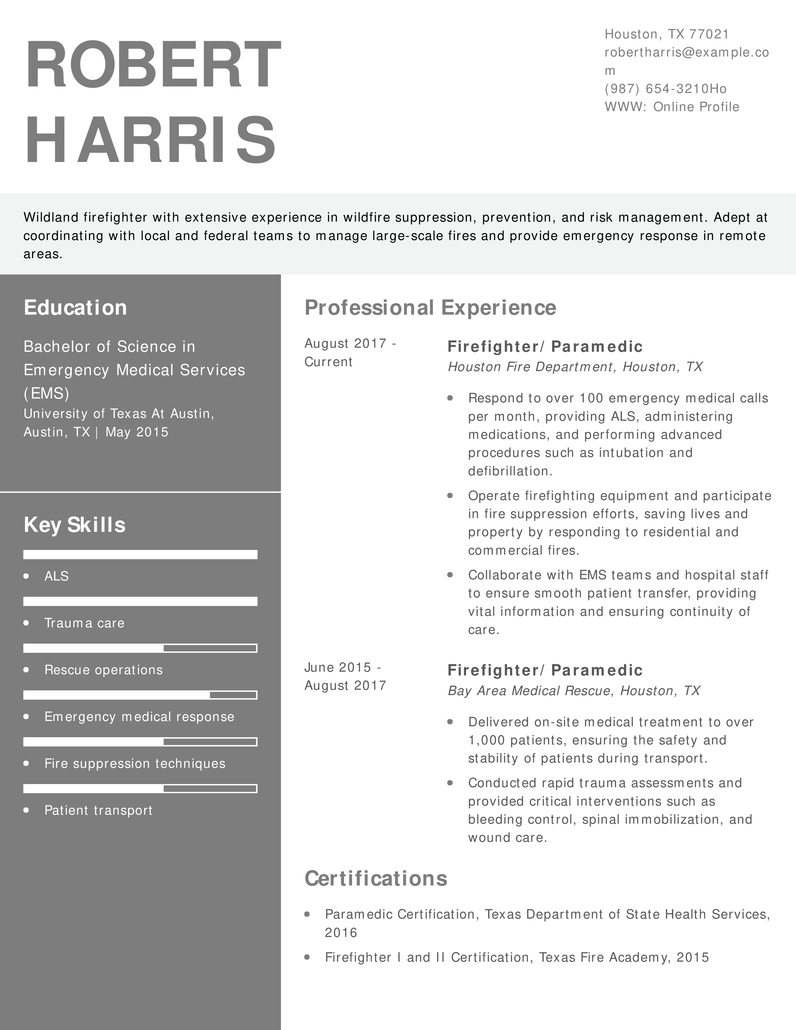 Firefighter Paramedic With Trauma Care Resume