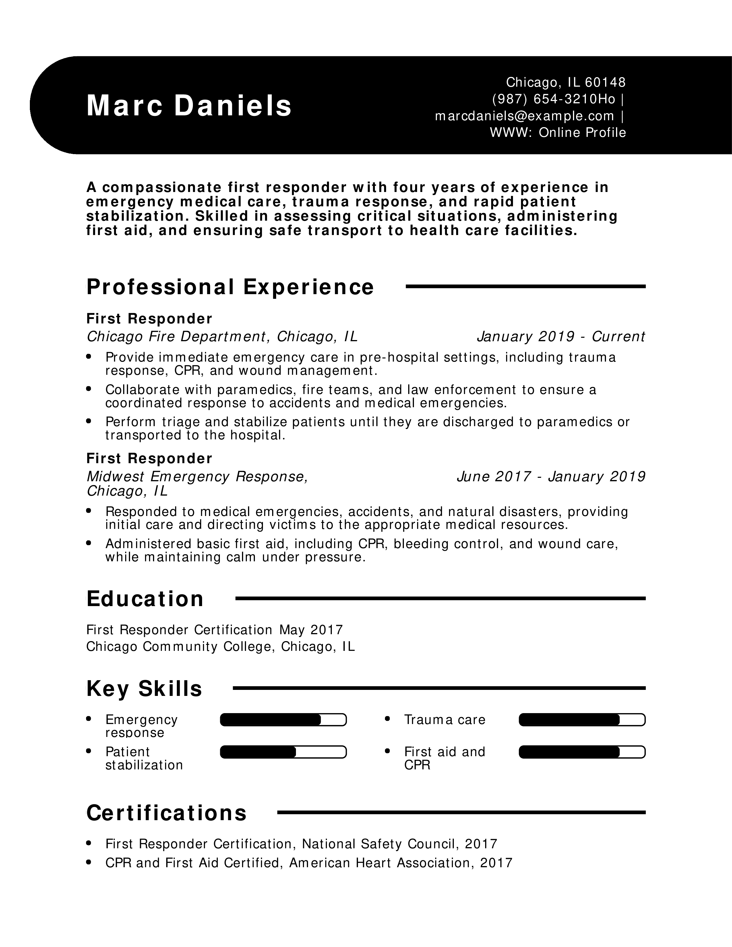 First Responder Emergency Care Resume