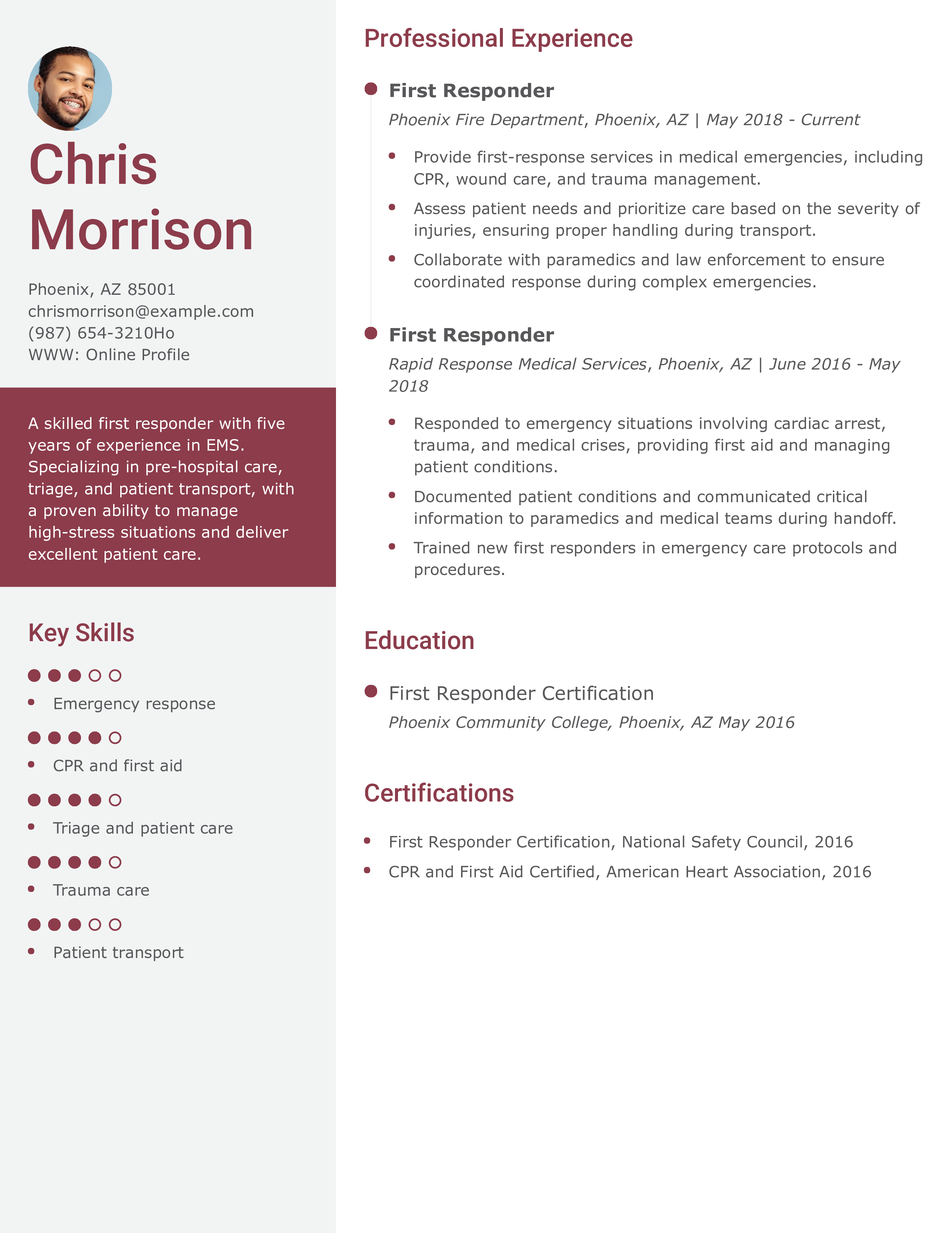First Responder Pre-Hospital Specialty Resume