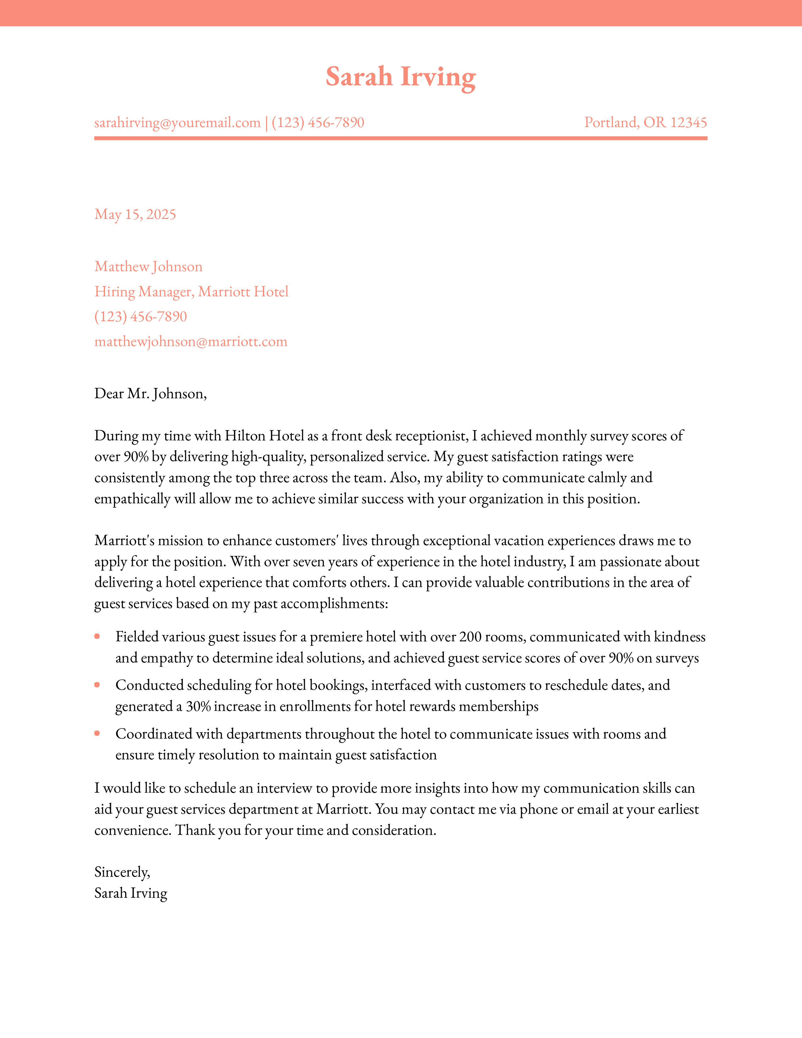 Front Desk Receptionist Cover Letter