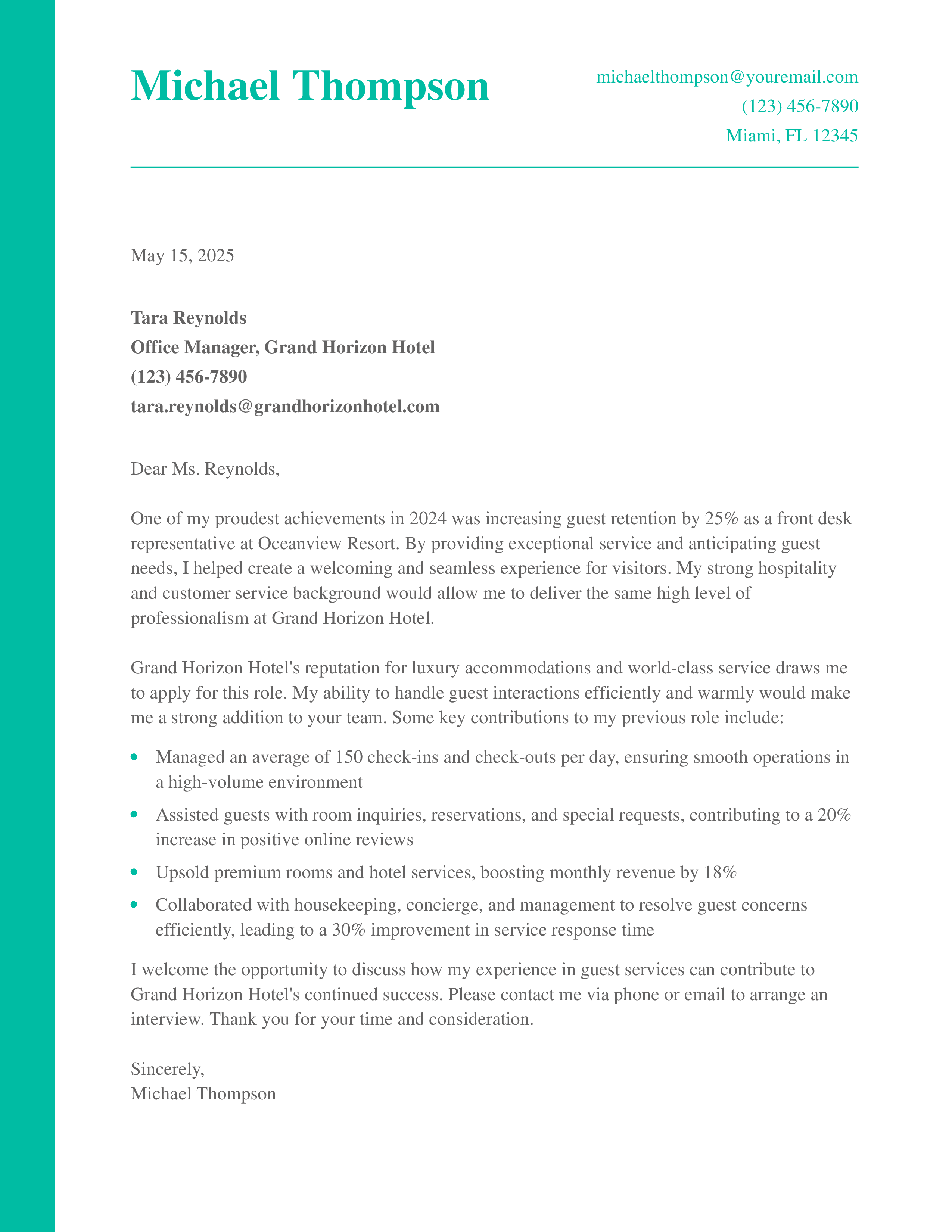 Front Desk Representative Cover Letter